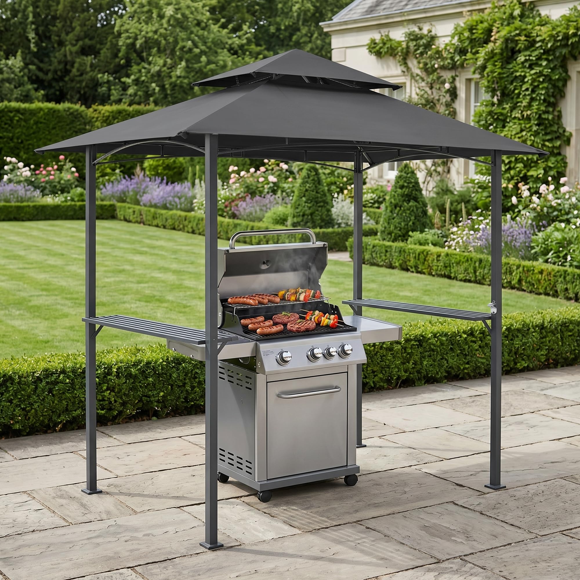 Tonnelle de Barbecue Auvent de Réception pour Jardin Tente avec Comptoir Belvédère Robuste Extérieur Acier Laqué Polyester 250 x 241 x 151 cm Anthracite Gris Foncé