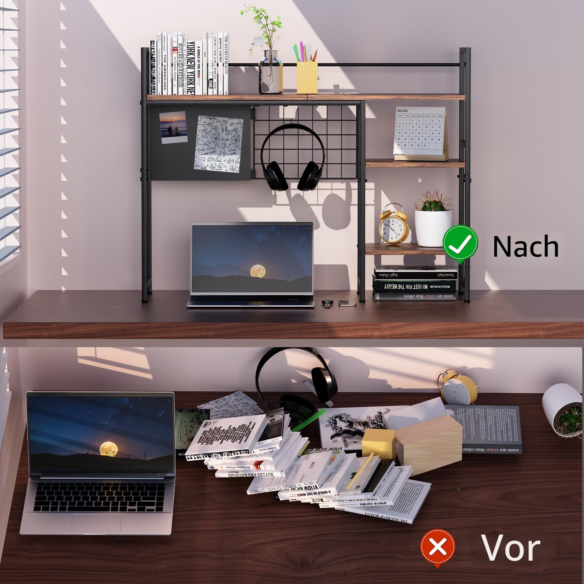 Schreibtisch-Bücherregal, 3-stöckig, 97,8 cm, Schreibtisch-Organizer, Regal und Computer-Monitorständer, dunkelbraun