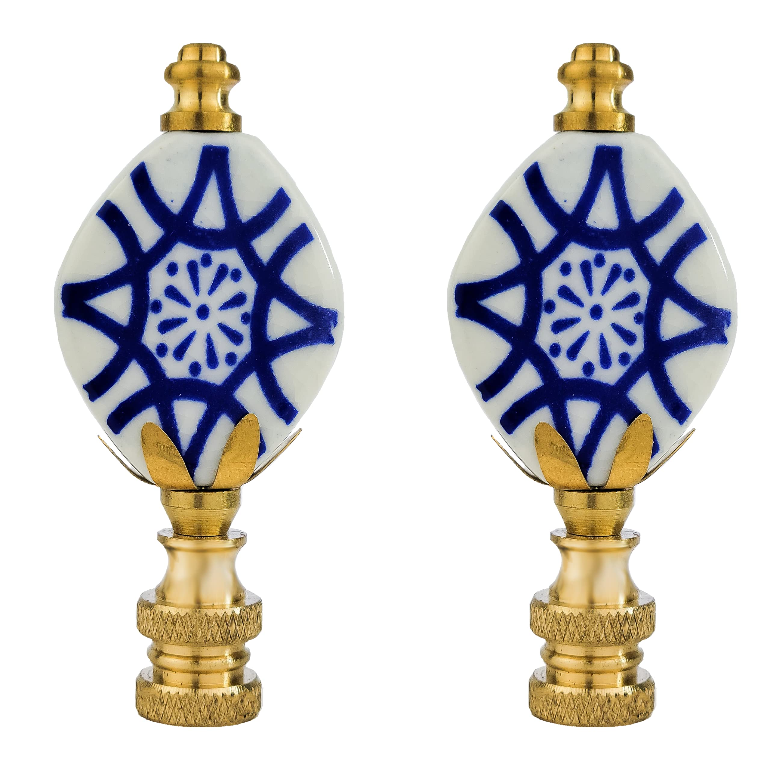 Royal Designs, Inc. Crackled Oval Disk White with Blue Accent Finial for Lamp Shade, F-5304-PB-2, Polished Brass - Pack of 2