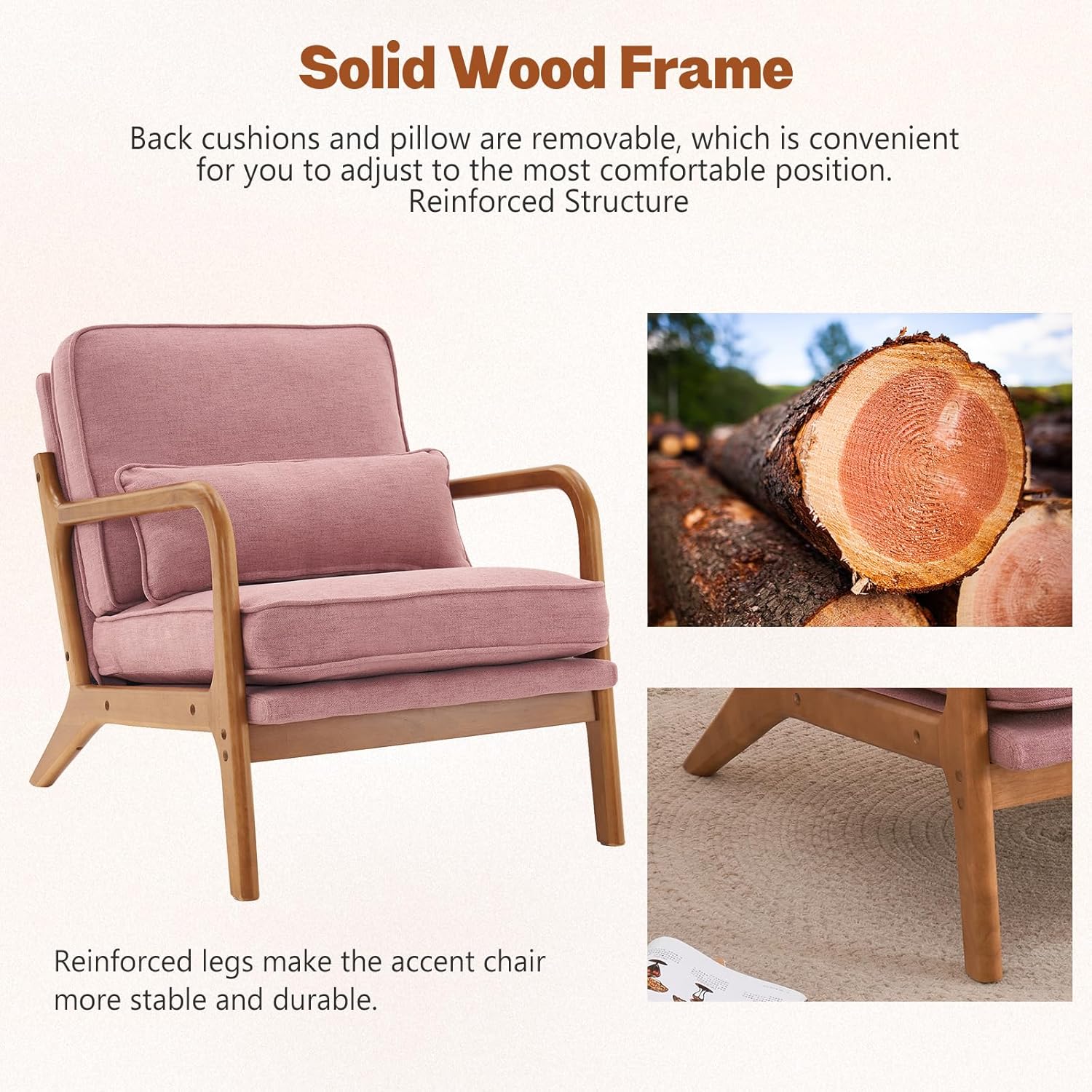 Hommoo Linen Fabric Accent Chair with Arm Mid Century Modern Lounge Reading Chair with Wood Frame Comfy Leisure Chair with Pillow and Cushion for Living Room, Bedroom,Balcony Pink