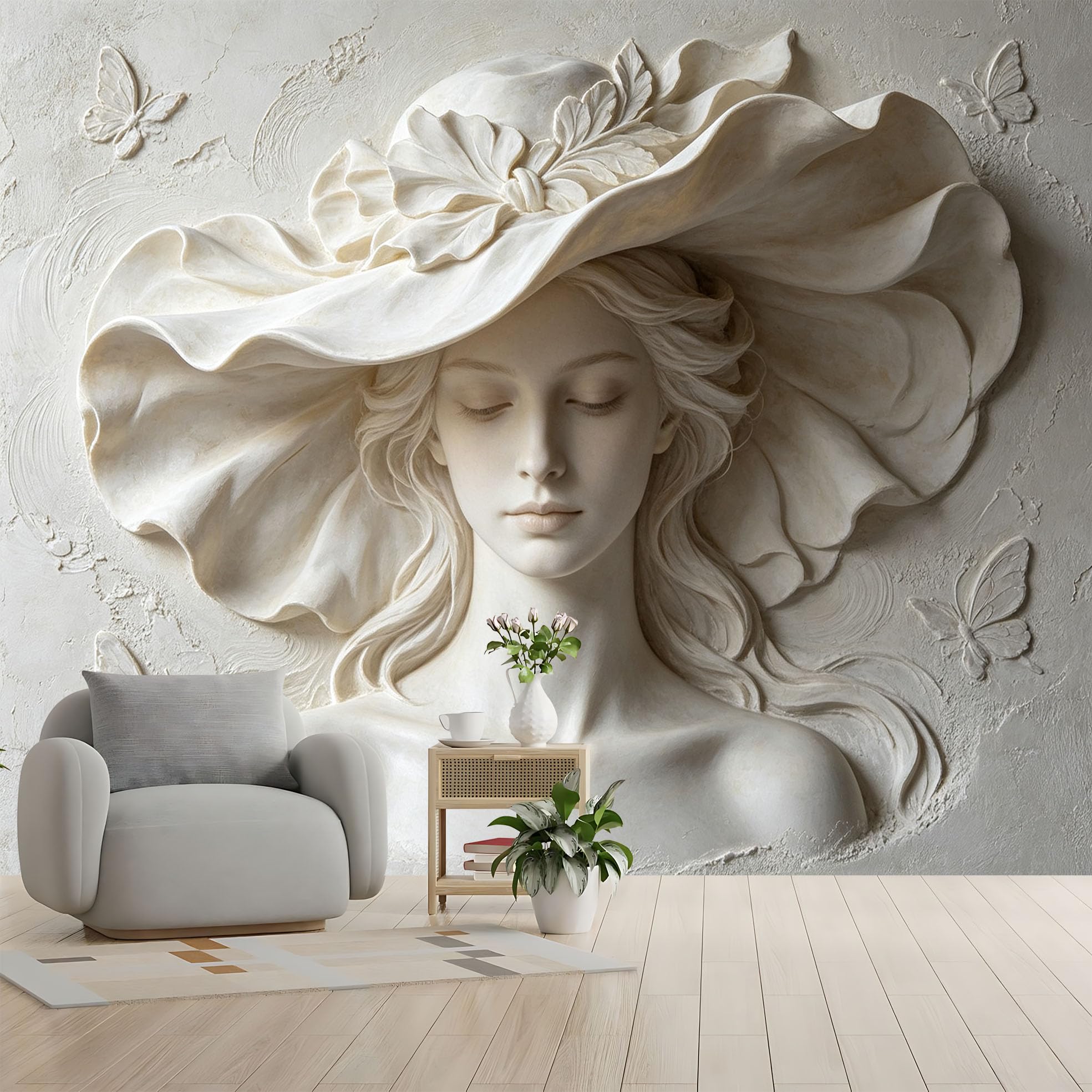 Fototapeta "Kobieta w kapeluszu kwiatowym" 3D Flower Woman Tapeta flizelinowa Art Nouveau Rzeźba Damska okładzina ścienna 371 x 280 cm Kremowy Beżowy Akcent Dekoracja Ścienna Do Salonu Sypialni TV