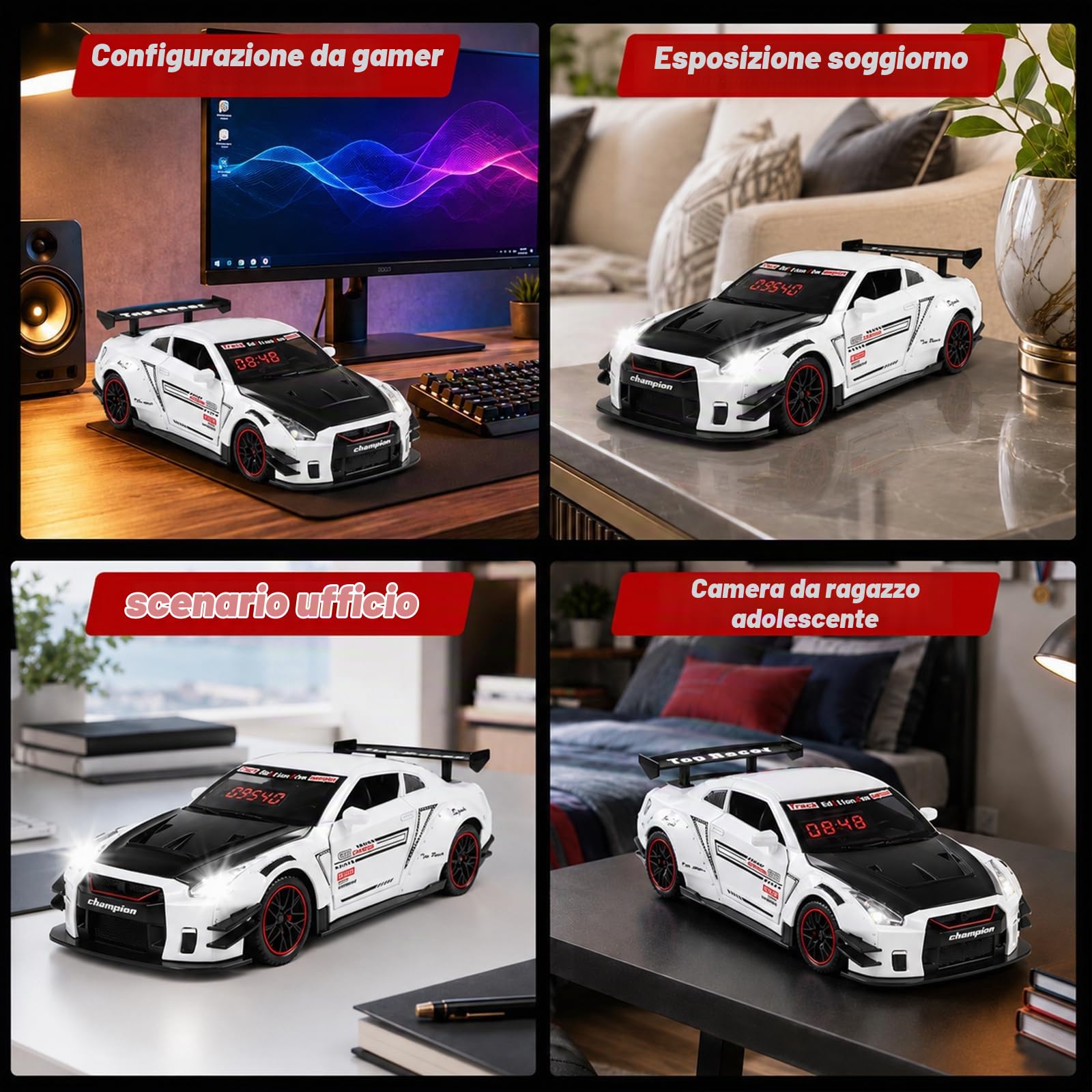 Sveglia rumorosa a forma di auto per adulti con sonno pesante con suono del motore | Hyper Car Model Digital LED Desk Decor, nebbia di scarico ed effetti di luce, auto da corsa pullback interattiva