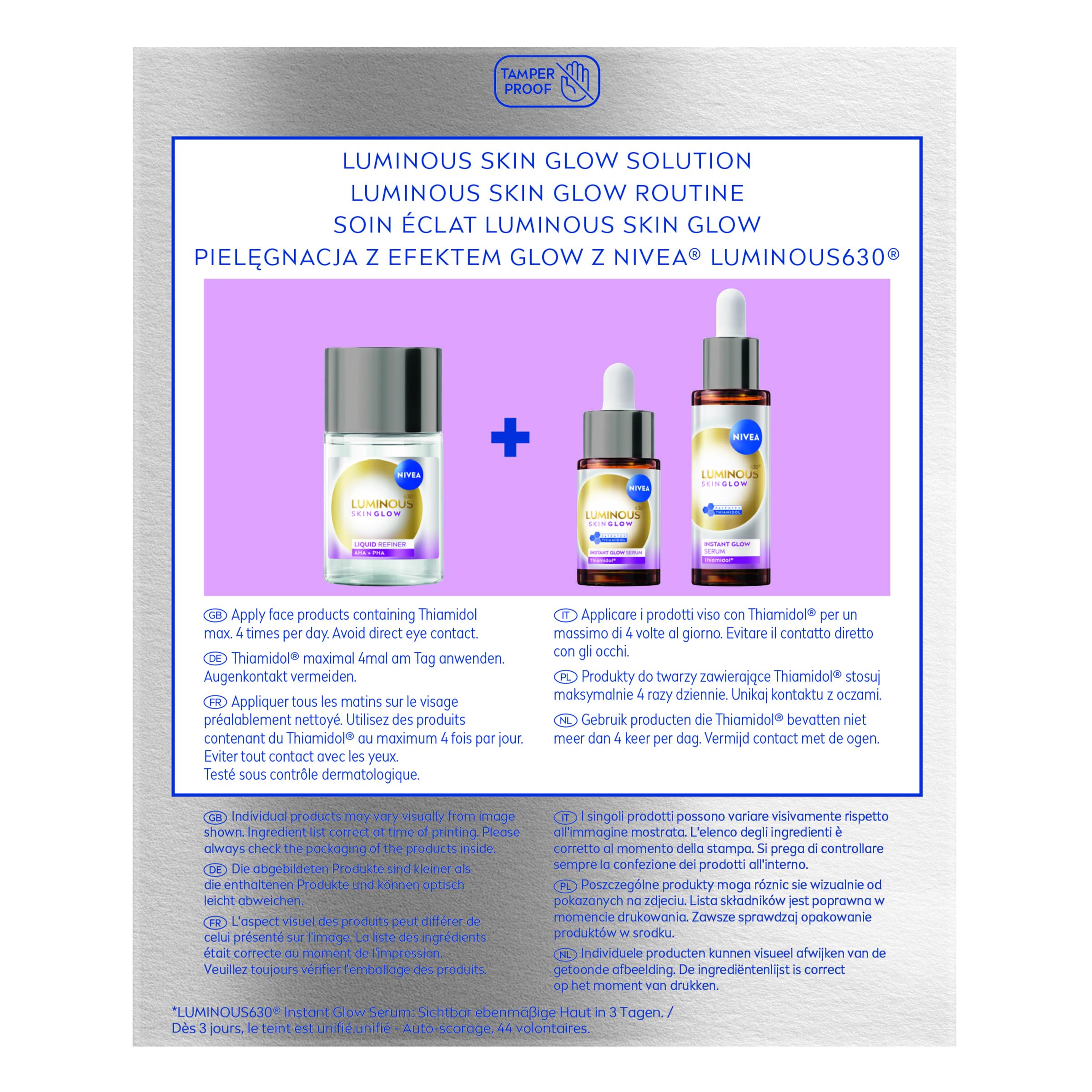 NIVEA Luminous630 Skin Glow Set, Gesichtspflege Set mit Feuchtigkeitsserum (1 × 30 ml & 1 × 15 ml) und Liquid Refiner (100 ml), Gesichtsserum und AHA Peeling für strahlende Haut