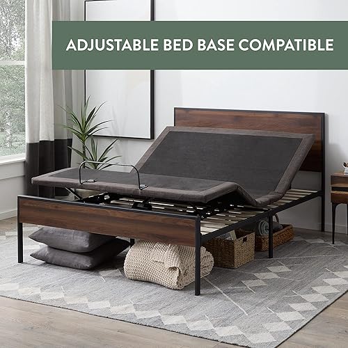 Miniatura 10 de Edenbrook Marco de cama - Cama de plataforma de metal - Cabecero y estribo de madera - Somier opcional, matrimonial, roble blanco