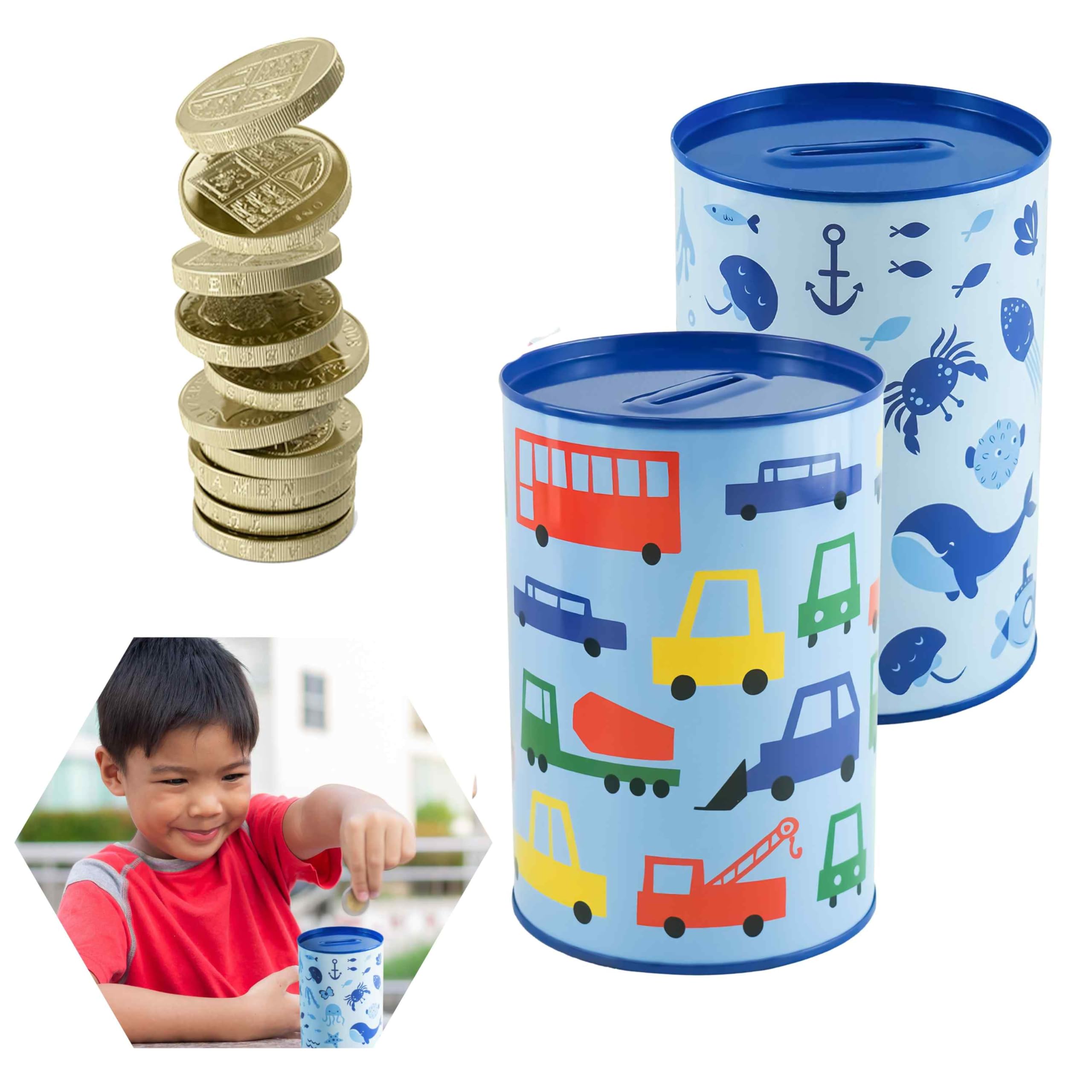 2PCS Money Tin Box for Kids – Whale & Truck Design | Metal Piggy Bank, Coin & Cash Savings Tin | 15cm Sealed Money Can for Birthday, Holiday, Christmas Fund – No Key Required
