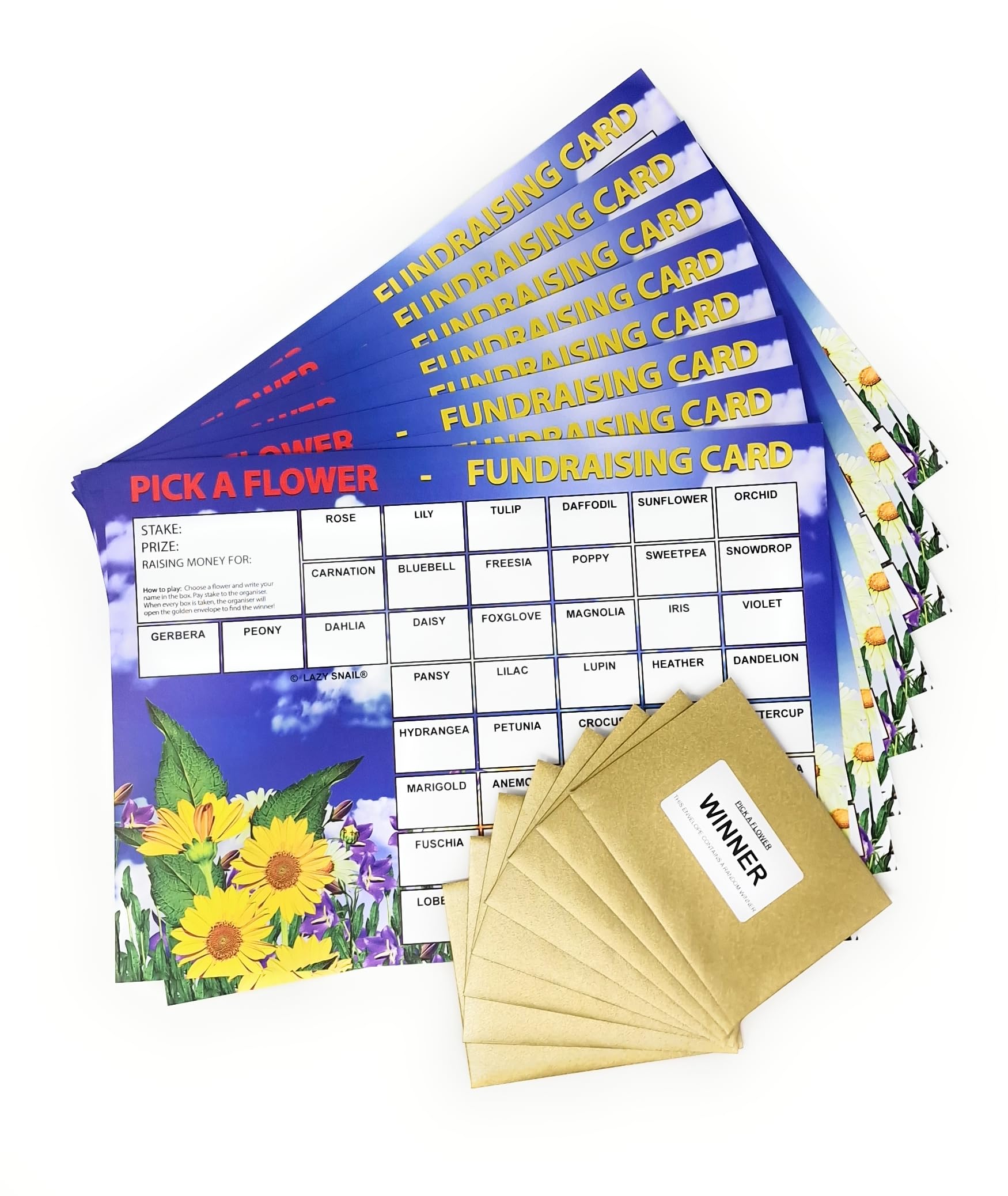 Lazy Snail ‘Pick a Flower’ Fundraising Cards, Pack of 8 (45 Squares per Card), Fun Golden Winner Envelopes - Image 4