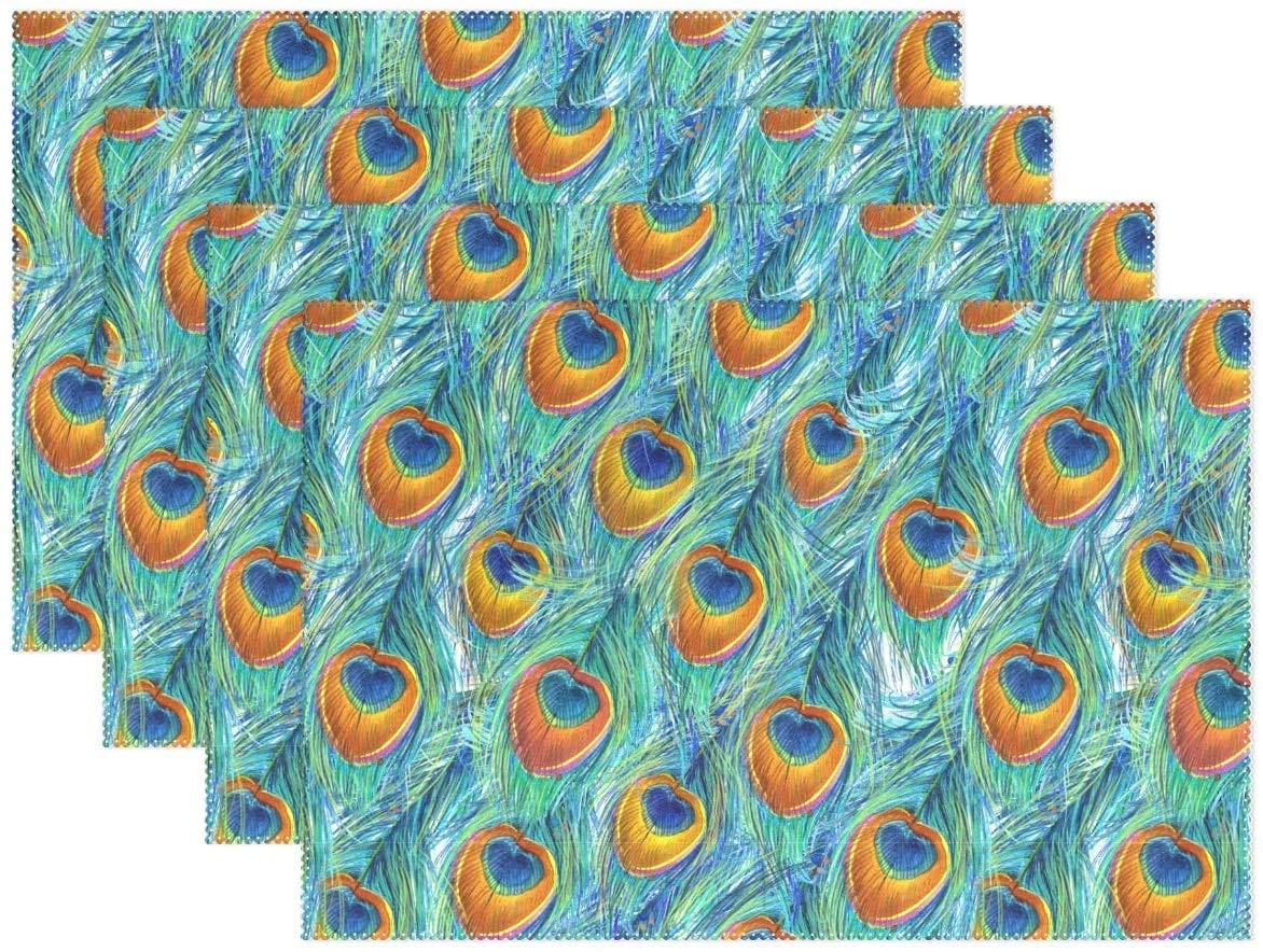 KANGRINBOQE Placemat Table Mat Desktop Decoration Peacock Feather Pattern Placemats Set of 4 Non Slip Stain Heat Resistant for Dining Home Kitchen Indoor 12x18 in-4
