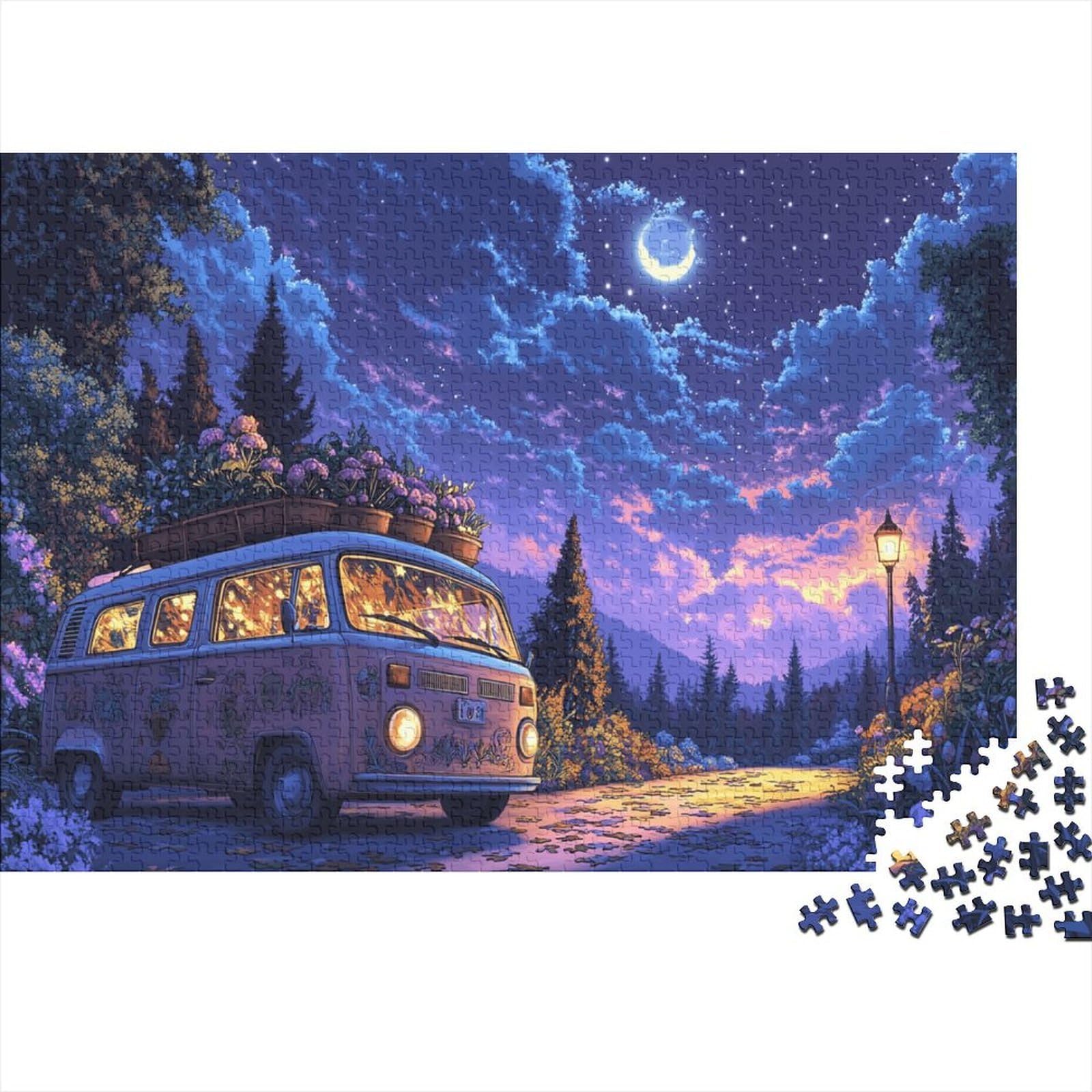 Vintage Camping Van 1000 Piece Jigsaw Puzzle Paper Adult Relaxation Family Night Forest Scene Focus Gift Home Decor 38x26cm/1000pcs โ image 1