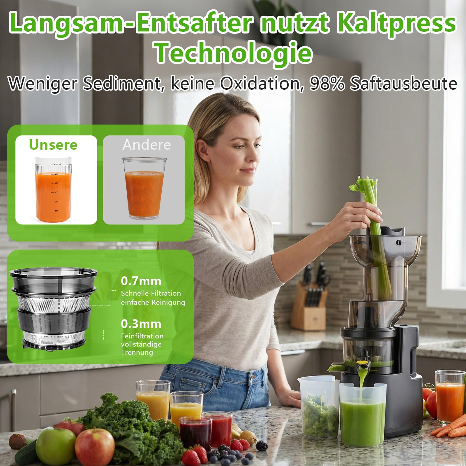 Entsafter Slow juicer 500W mit 98mm Großem Einfüllschacht,Entsafter Gemüse und Obst Testsieger,Extraktionsrate von bis zu 98%,BPA-Frei,Leicht zu Reinigen,Saftpresse