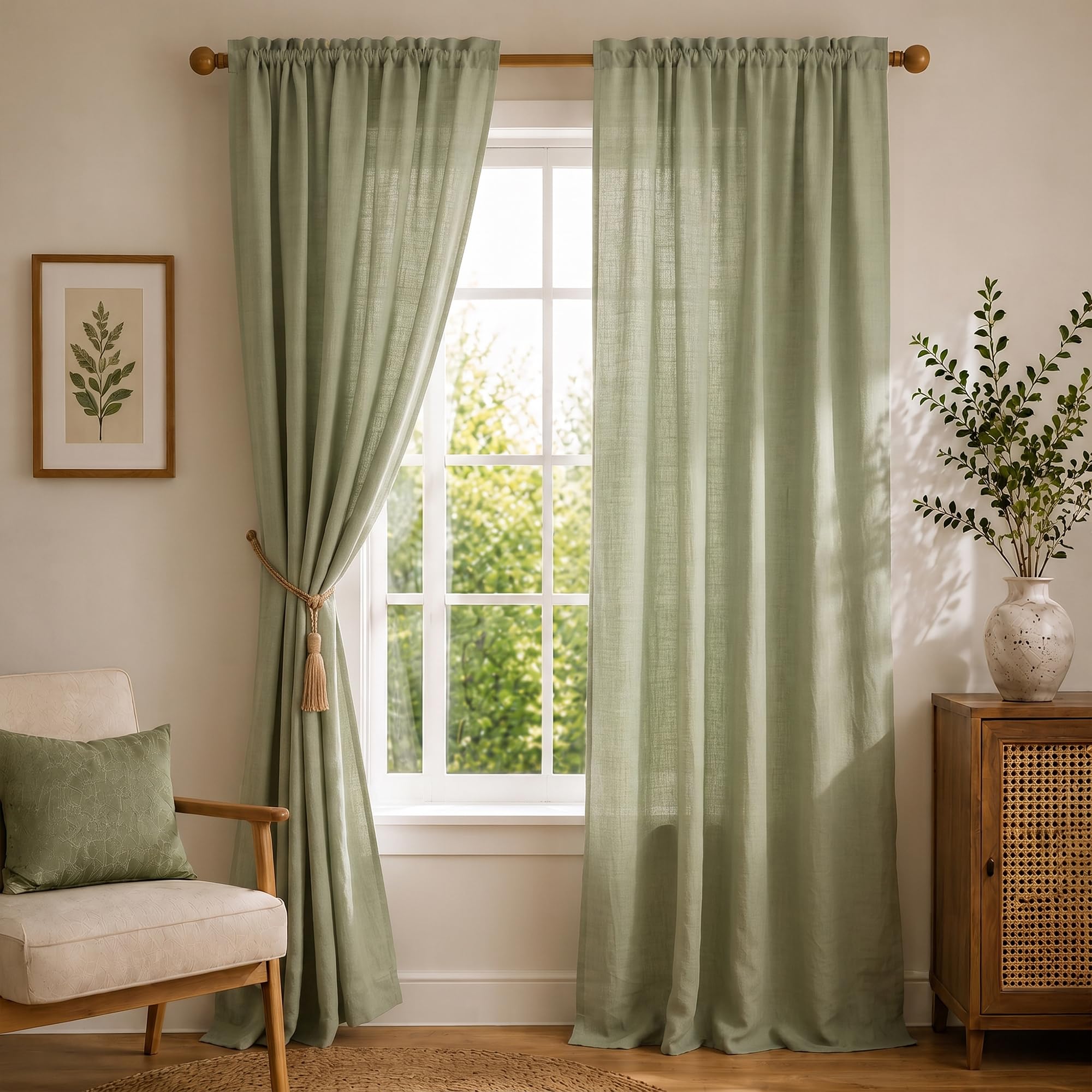 HOMEMONDE Linen Textured Sheer Curtains - Transparent 10 Feet Long Curtain Set of 2 for Home Decoration, Solid Mint Green - (Top Style - Rod Pocket)