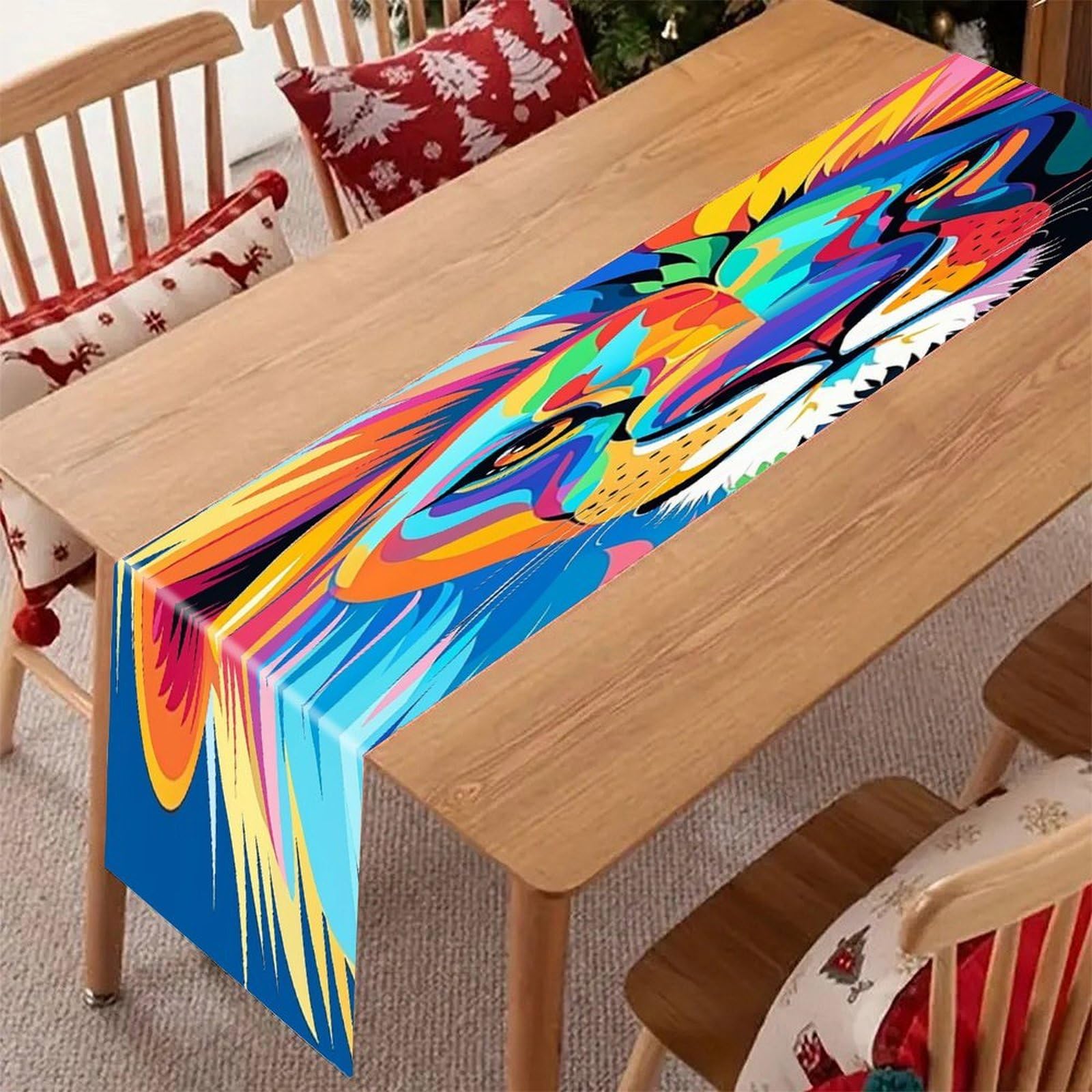 Colorful Lion Table Runner Modern Art Farmhouse Linen Table Runner Dresser Scarf Seasonal Kitchen Dining Table Decoration Dresser Scarves for Home Party Decor 13x70 Inch