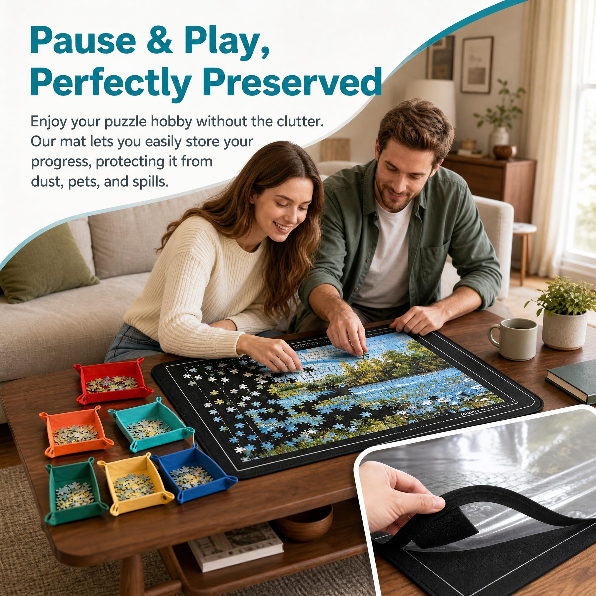 Planche de puzzle avec support pliable en feutre réglable pour puzzles jusqu'à 1000 pièces avec 6 trieurs + 1 housse (56 x 81 cm, noir)
