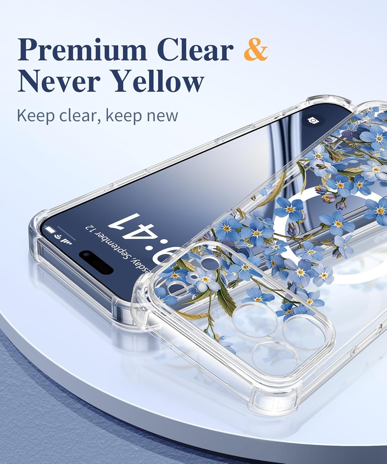 GVIEWIN for iPhone 17 Pro Case Compatible with MagSafe, with Screen Protector Upgraded [Full Camera Protection] [Non Yellowing] Floral Slim Shockproof Clear Women Phone Cover (Aconite/Blue) - Image 3