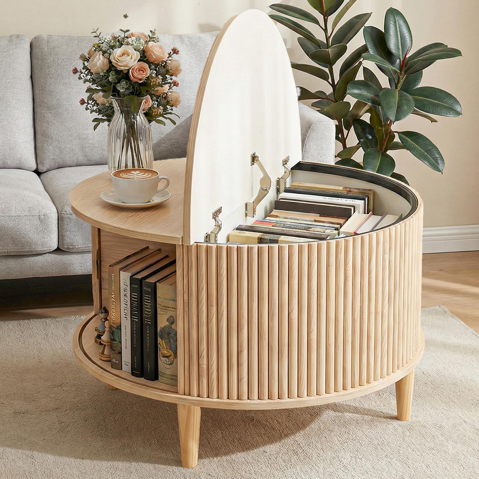 DUMOS fluted round coffee table with sliding cabinet door and storage compartments