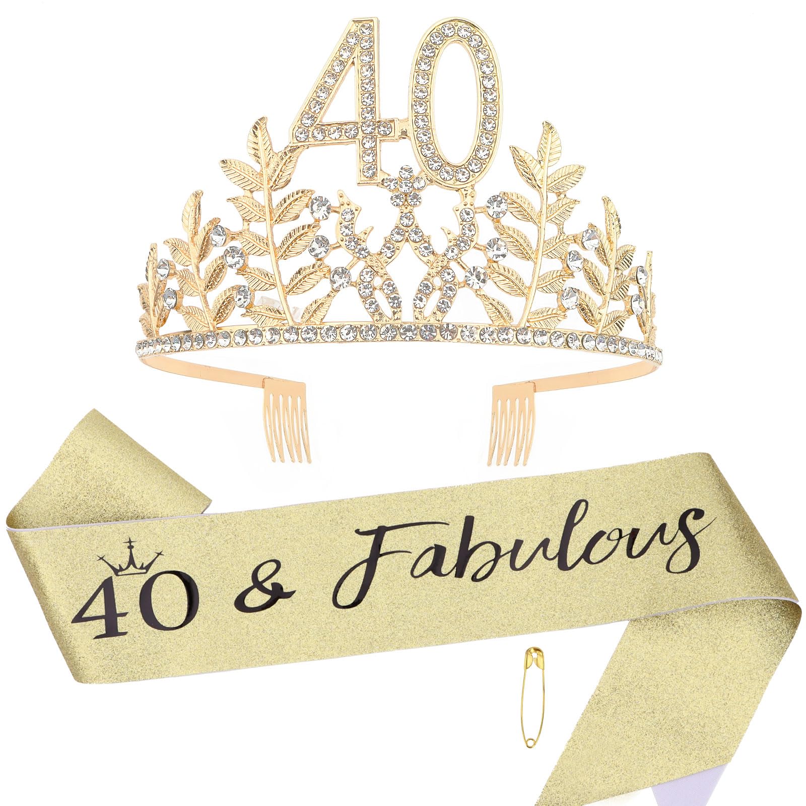 Esitrormi Gold Rhinestone 40th Birthday Crown and Sash Party Set for Women