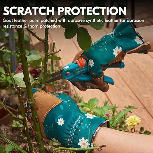 Miniatura 5 de Vgo... 1 par de guantes de jardinería para mujer, de piel de cabra a prueba de espinas, para desmalezar, excavar, rastrillo, poda y plantación,