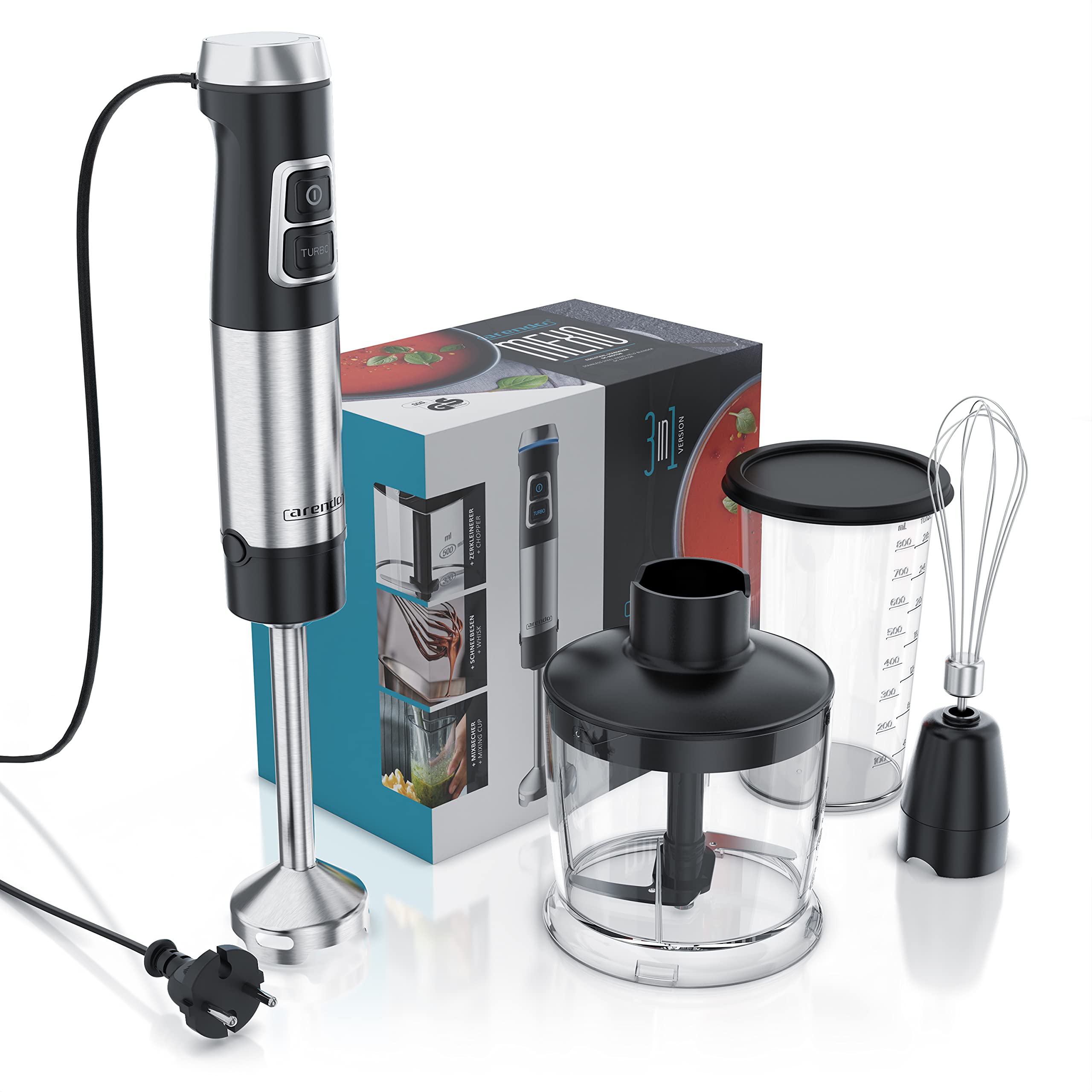 Arendo - Frullatore a immersione in acciaio inox da 1200 Watt - Frullatore ad immersione - Velocità continua - Coltello a 4 ante - Misurino da 800 ml - frusta