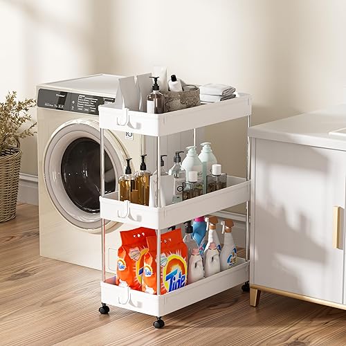 Miniatura 4 de Proarea Carrito de almacenamiento con ruedas, organizador de lavandería, carrito de cocina de 3 niveles, cesta de almacenamiento resistente, carrito