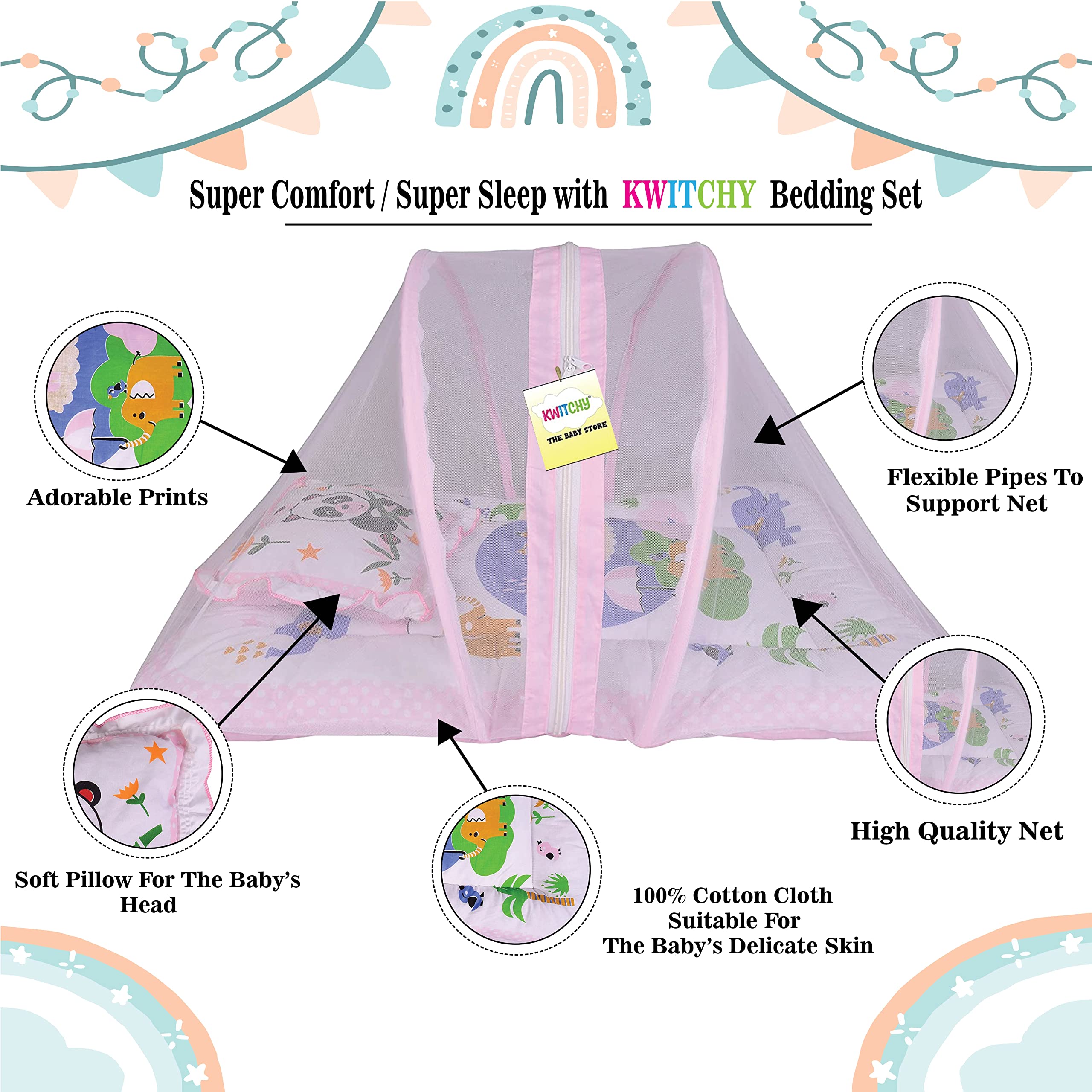 Kwitchy Baby Bed with Mosquito Net New Born Baby Bedding Set | Folding Bed | Toddler Mattress | Cotton | Gadda Set | Travel Beds | Boys & Girls | Gift Pack (0-6 M) (Pink) 3