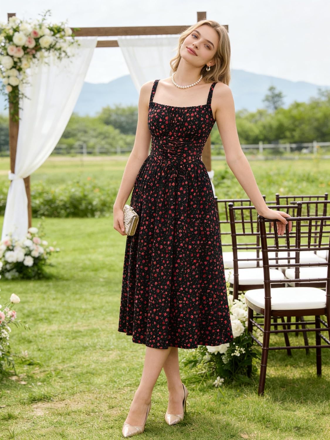 Scarlet Darkness Floral Dress for Women 2026 Corset Milkmaid Dresses Casual Summer Sundress with Pockets - Image 5