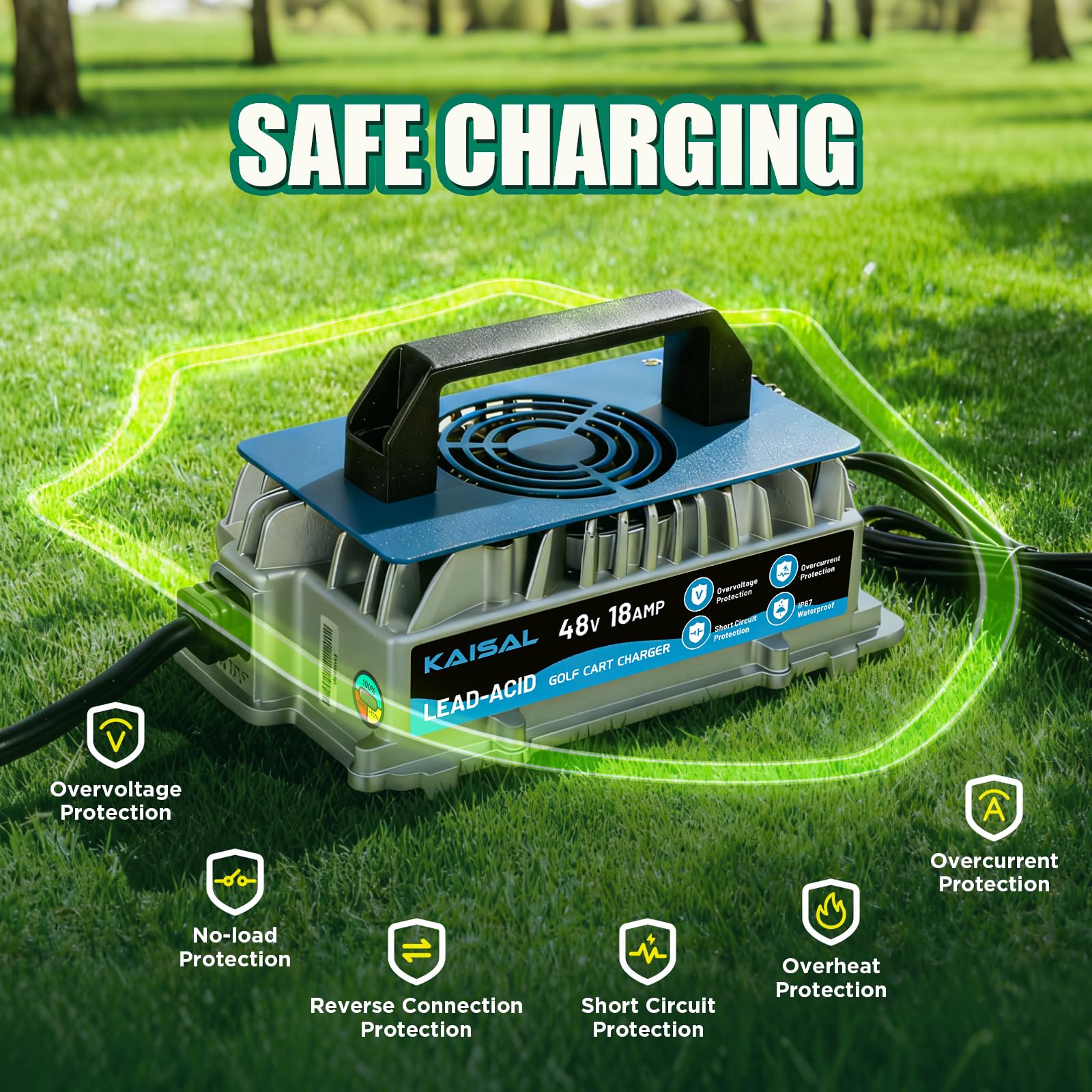 KAISAL 48V 18A Caricabatteria da Golf, 48V Caricatore per Carrello da Golf per Club Car, Caricabatterie Intelligente a Mantenimento, per 48Volt Batterie al Piombo Acido, IP67 Impermeabile