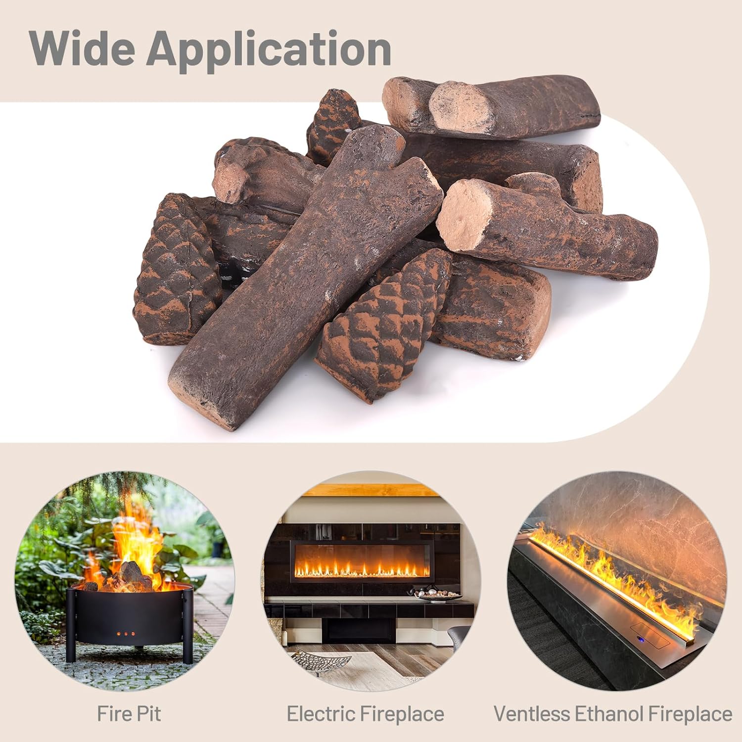 Realistic Ceramic Wood Log Set for Indoor/Outdoor Fireplaces
