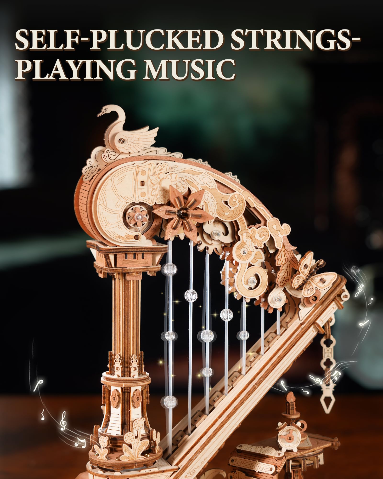 ROBOTIME Puzzle 3D de Madera Arpa con Caja de Música, Kit DIY Mecánico con Engranajes en Movimiento, Maqueta para Adultos, Regalo Creativo y Decoración Hogar