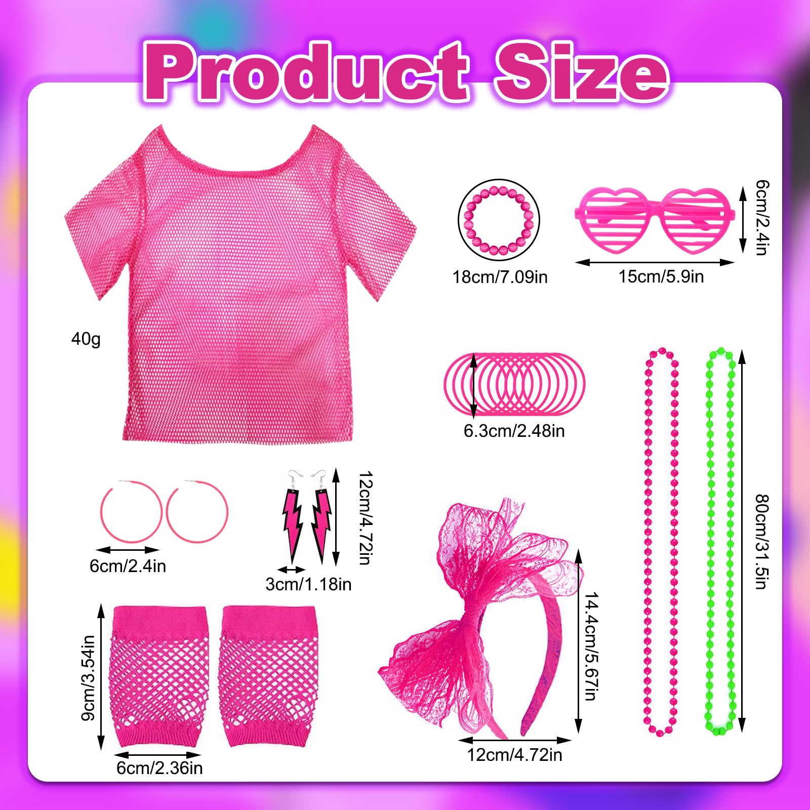GMHLLES 19PCS 80S Fancy Dress for Women 80 s 90s Party Costume Accessories Neon Clothes with Lace Headband Earrings Necklace for Retro Parties Hen Do Parties - Image 4
