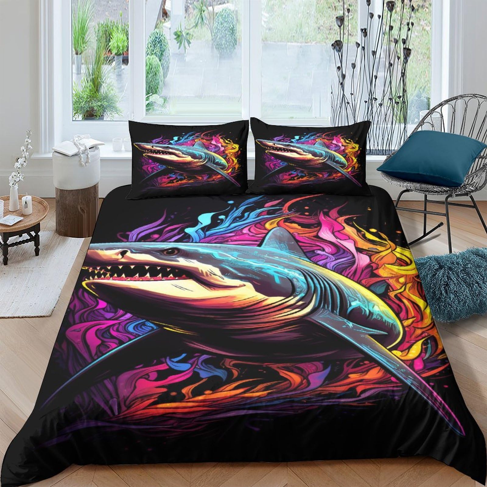 Housse de couette requins 3D parure de lit microfibre King size enfant