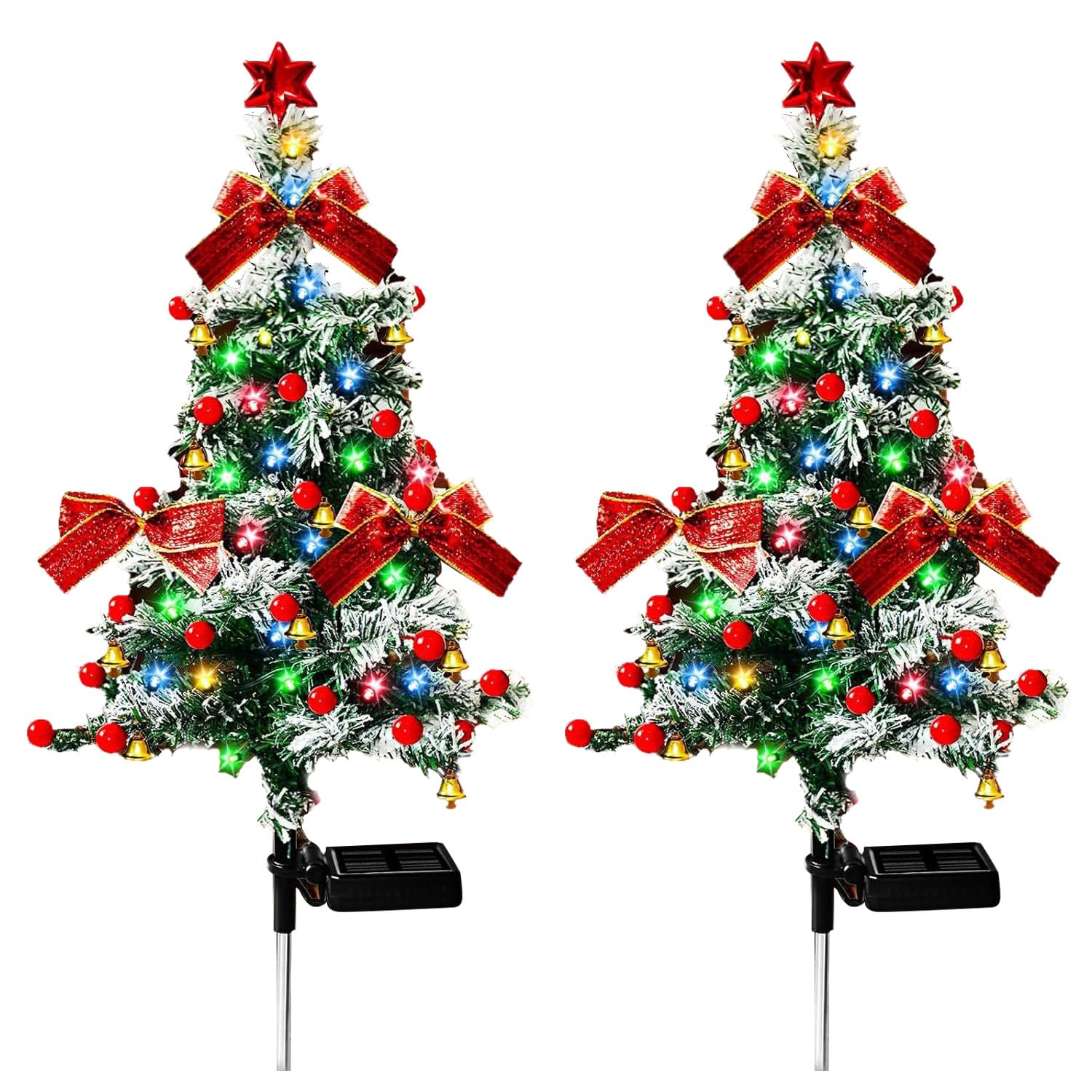 GIVOKE 2Pack Outdoor Solar Christmas Trees, Waterproof Garden Pathway Lighting, Solar Xmas Tree with Bow and Bell, Pathway Lawn Patio Stake Lights