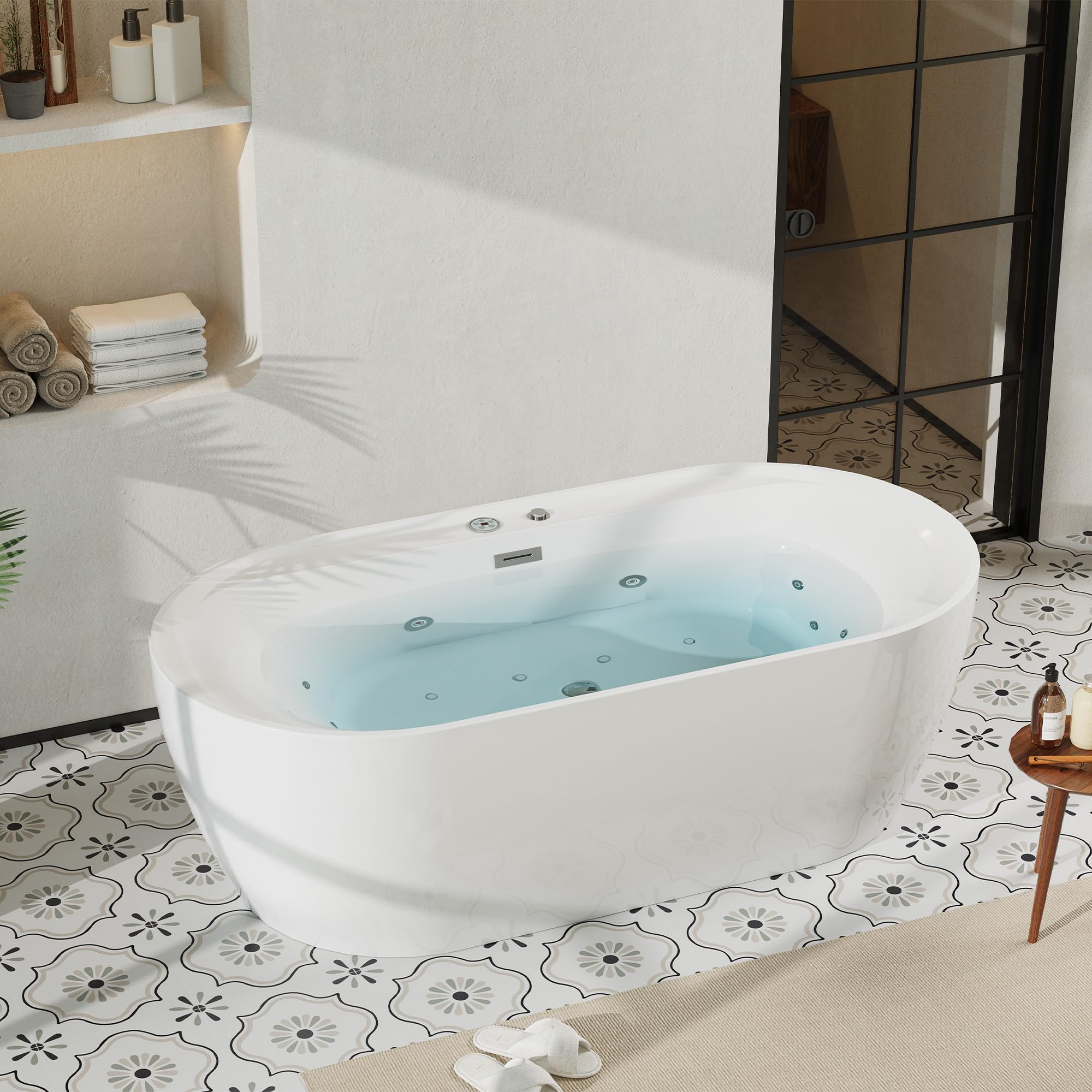 71 in Acrylic Freestanding Bathtub, Soaking Bathtub with Adjustable Jets, Ergonomic Design, Water Jetted Tub with Air Bubble Massage, Matte Drain, CUPC Certified, Deep Soaking Tub for Bathroom