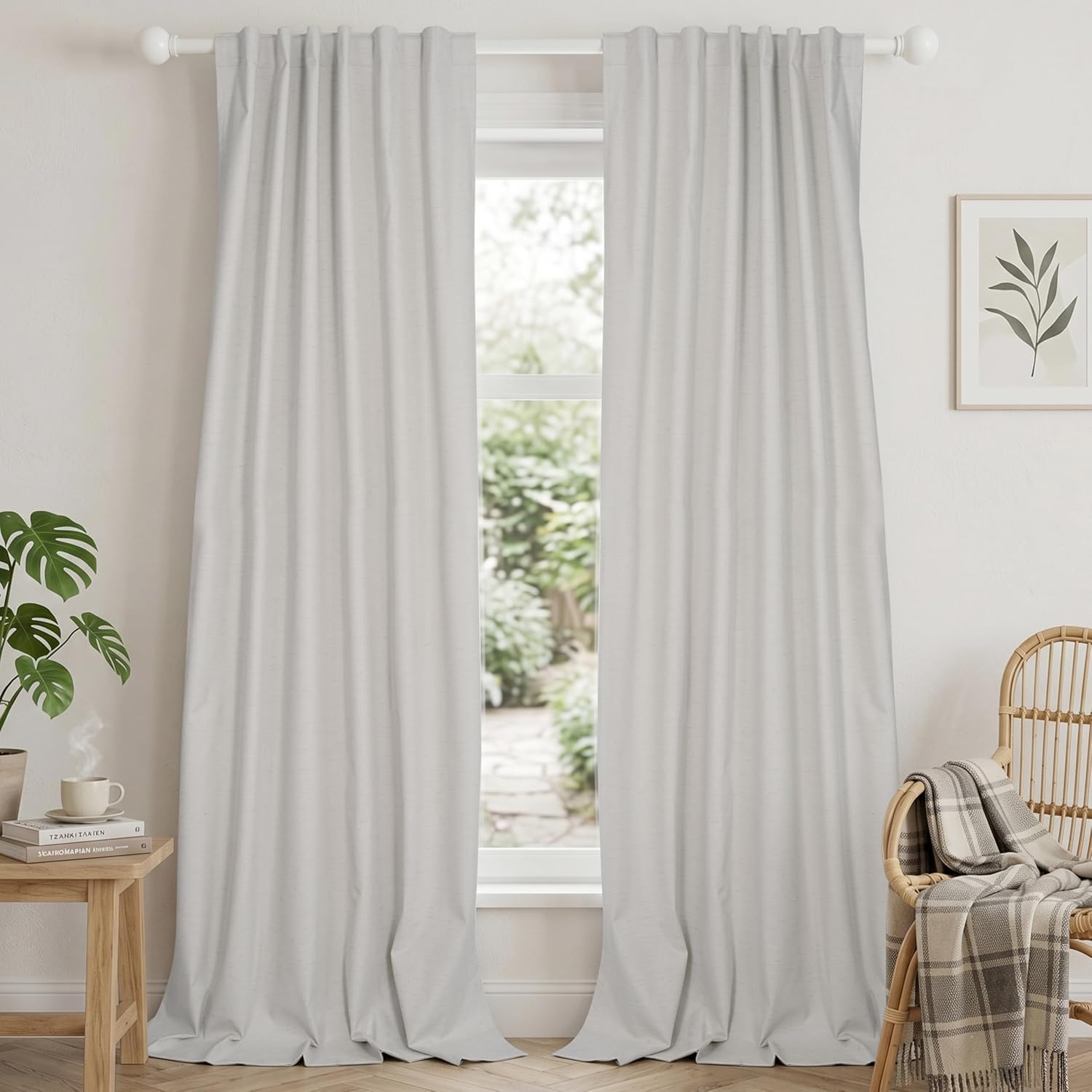 HESTIA Linen Blackout Curtains 96 inches Long 100% Light Blocking Thermal Insulated Drapes Rod Pocket Back Tab Window Curtain for Living Room Bedroom,White,2 Panels (52" W x 96" L)