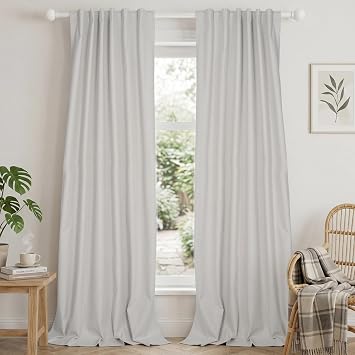 HESTIA Linen Blackout Curtains 90 inches Long 100% Light Blocking Thermal Insulated Drapes Rod Pocket Back Tab Window Curtain for Living Room Bedroom,White,2 Panels 52" W x 90" L