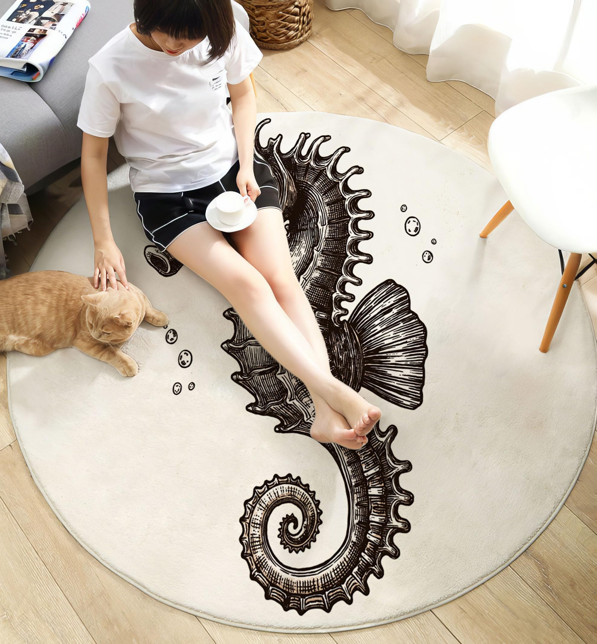 Lignes : Hippocampe Tapis Rond 120cm, Animal Marin Tapis De Sol Décoration Doux Antidérapant pour Chambre à Coucher Balcon Errasse Salle à Manger Intérieur, Blanc