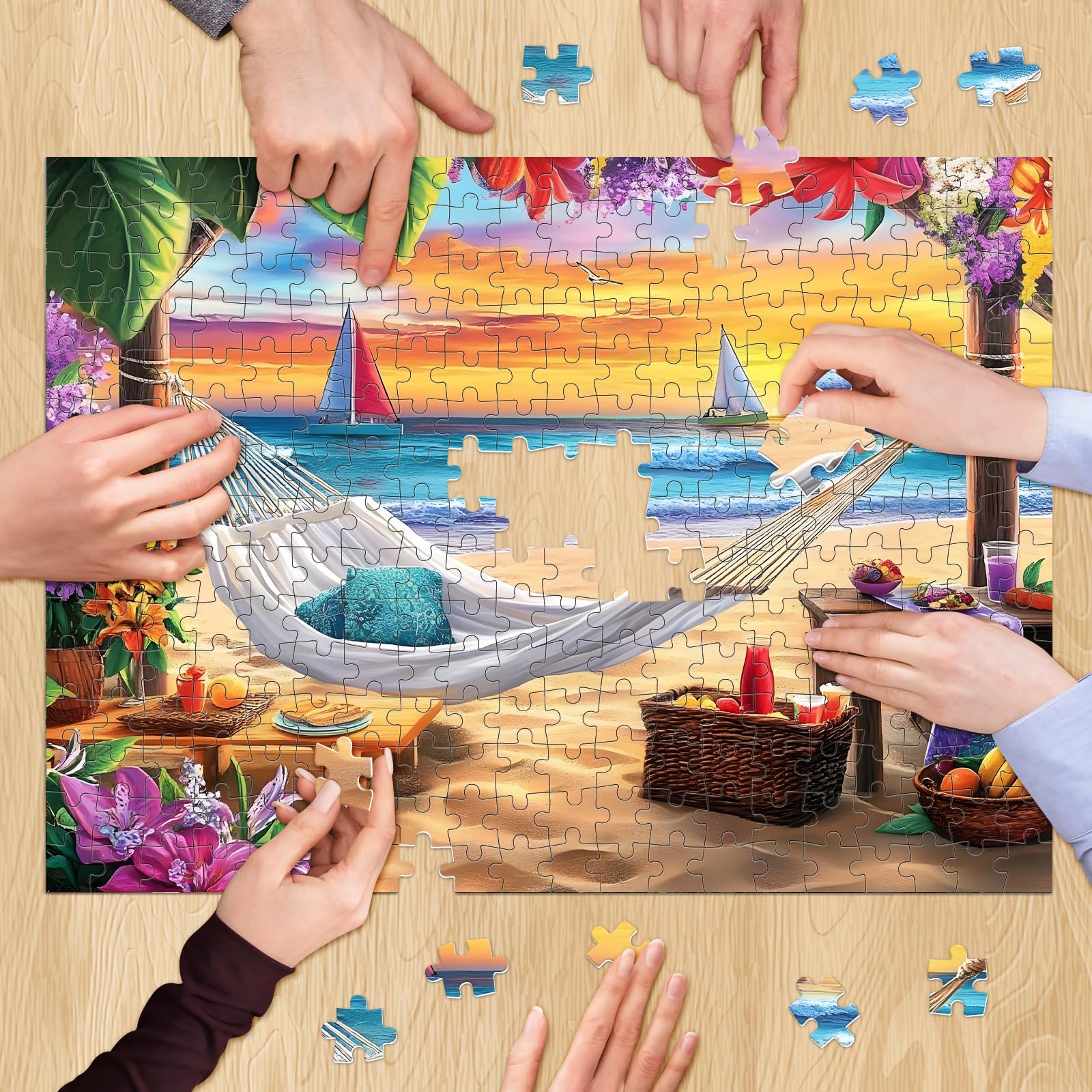 500 Piece Beach Sunset Puzzle For Adults - Colorful Seaside Scene, 20.5x15 Inches, Includes Poster