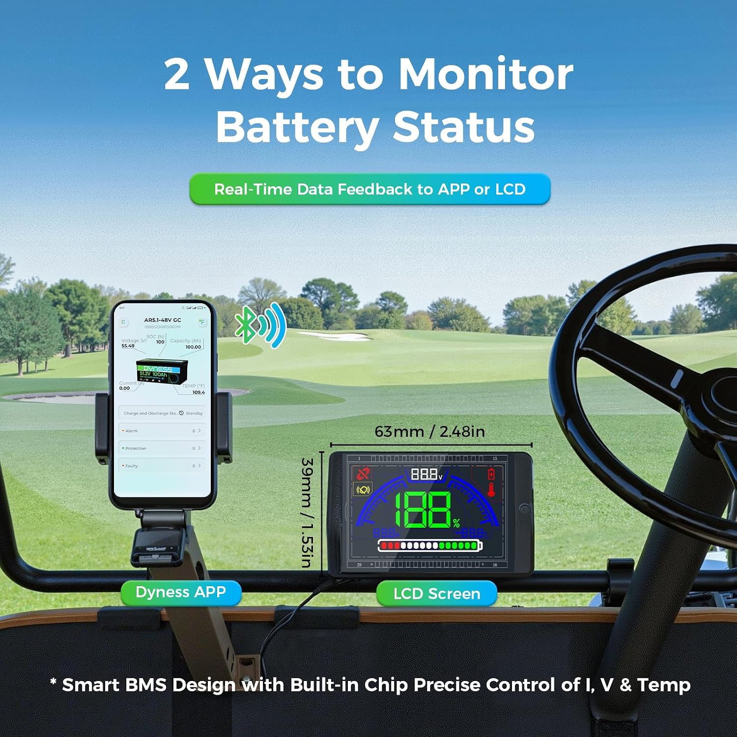 Dyness 48V 100Ah Lithium Golf Cart Battery,with 48V 18A Batteries Charger, Built-in Smart 200A BMS,LCD Monitor & Mobile APP,5.12kWh with MAX.10.24kW Output,Prefect for Golf Carts