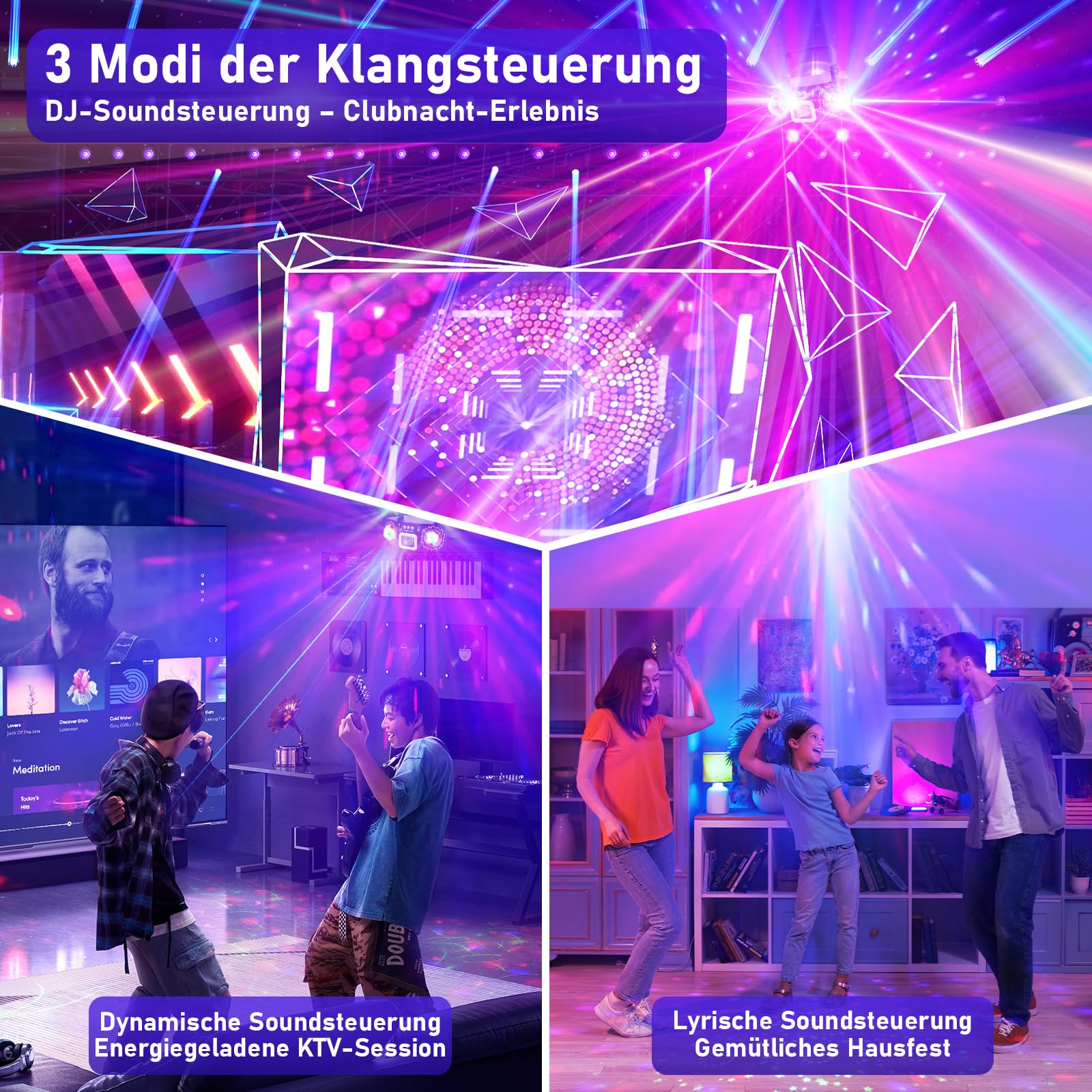 Discolicht Partylicht mit Dual Disco Bällen – RGB Sound-aktivierte Partylichter, Effekt Licht für DJ, KTV, Club, Weihnachtsfeier