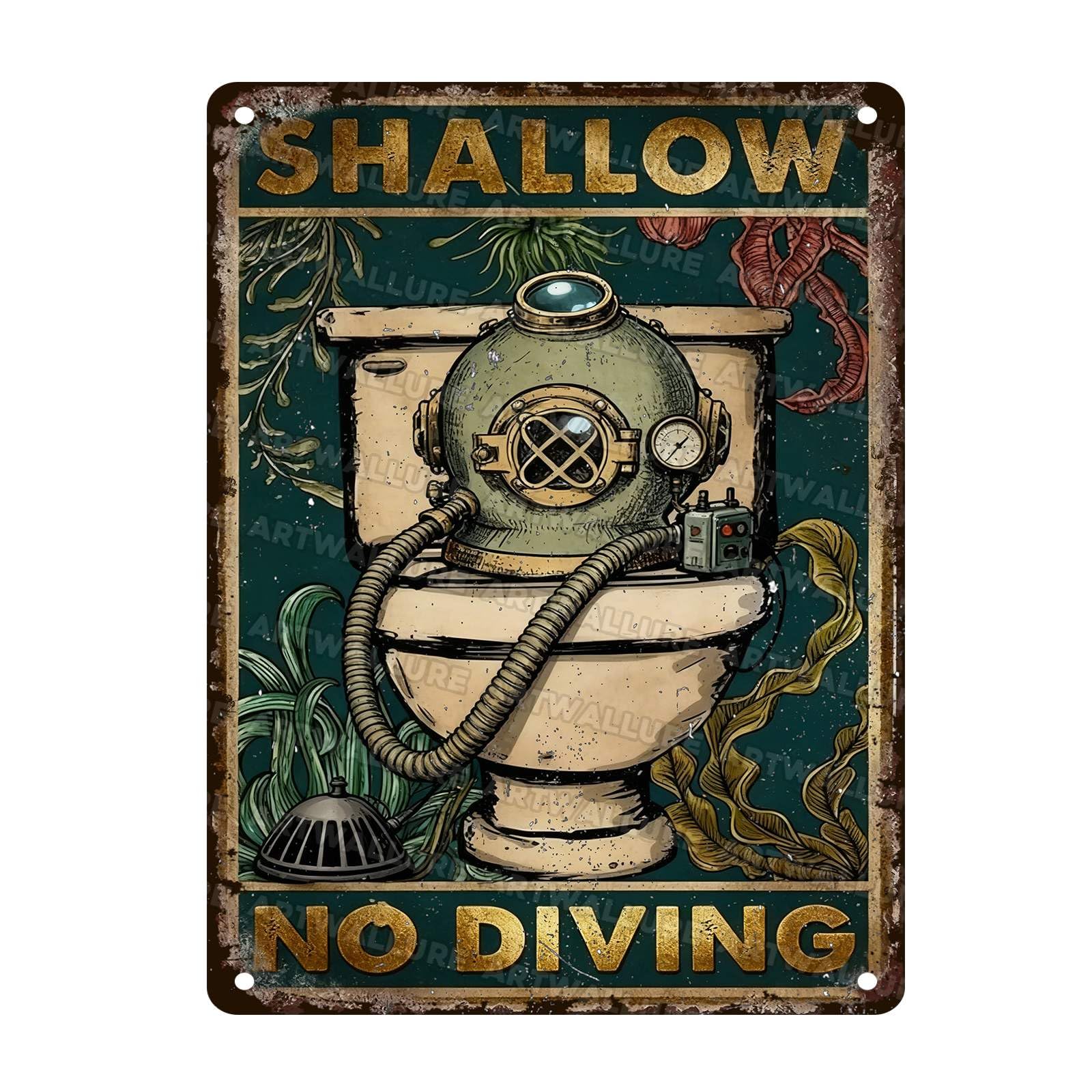 Scuba Shallow No Diving Metal Sign Vintage Humor Wall Art For Garage Bar Restaurant Kitchen Cafe Pub Decor 12x16Inch