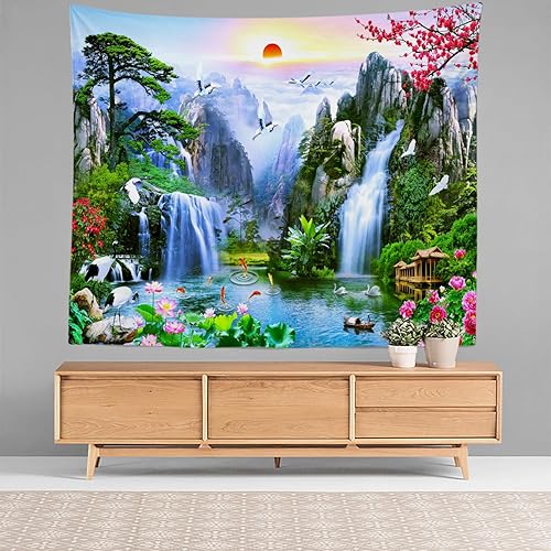 Miniatura 6 de Keveloya Tapiz decorativo de paisaje, cascada para colgar en la pared, lagos de grulla blanca, amanecer, bosque, paisaje natural, tapiz de pared