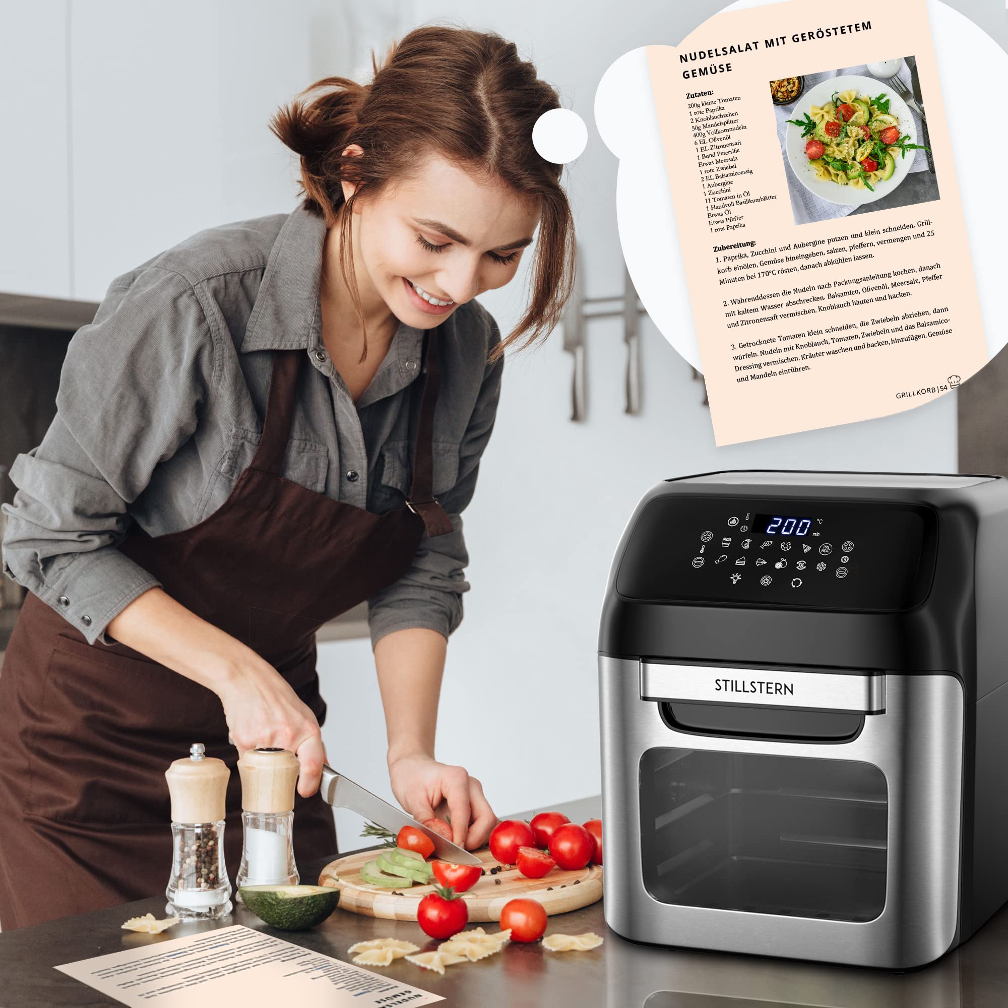Stillstern Heißluftfritteuse XXL 12L mit LED-Touchscreen, Rezeptbuch auf Deutsch, 12 Programme, Vorheizen&Warmhalten, 1800W Heissluftfritteuse AirFryer XXL ohne Öl Dörren Minibackofen Camping Grill