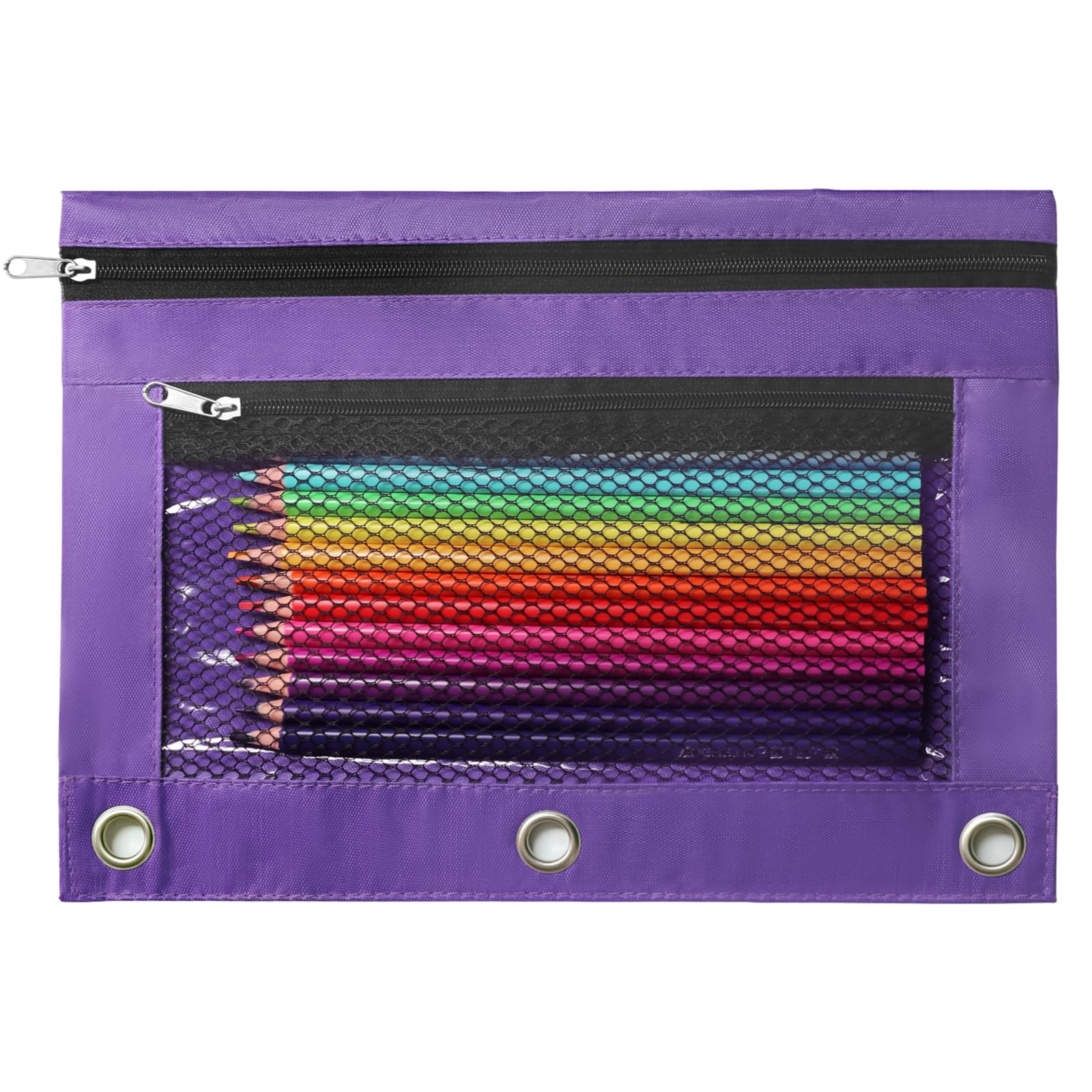Pencil Pouch for 3 Ring Binder, Heavy Duty Canvas Dual Zipper Pen Bag with Clear Window, Smooth Metal Zipper, Fit Standard 3-Ring Binders for School Office Travel Supplies (Purple)