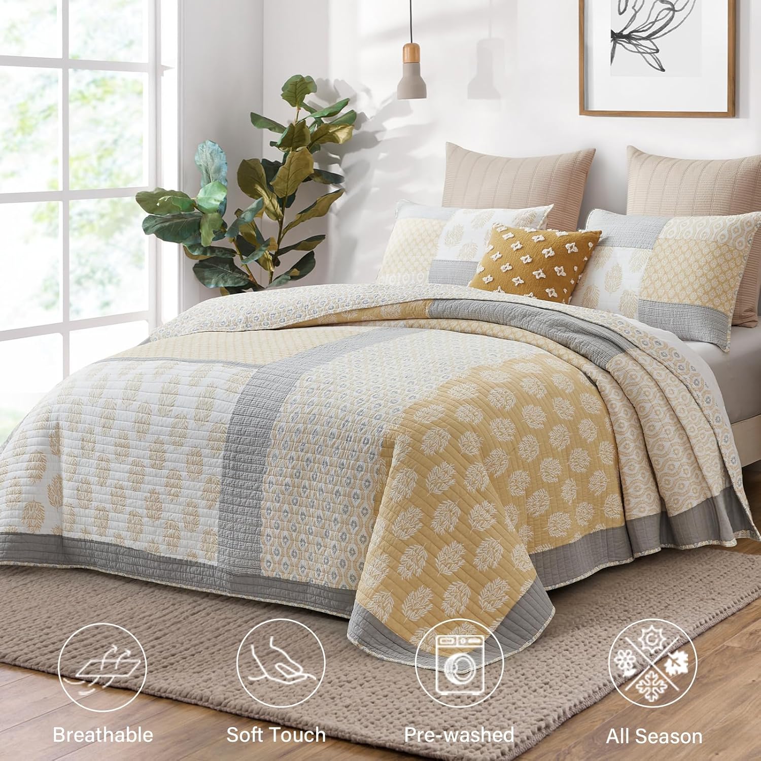Finlonte King Size Quilt, 100% Cotton Comforter King Size, Yellow Grey Farmhouse Quilted Bedspread, Patchwork Lightweight Reversible Quilt Bedding Set for King Bed, 3-Pieces - Image 2