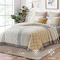 Vista 2 de Finlonte Juego de edredón tamaño individual, juego de edredón de 100 % algodón, colcha acolchada de granja amarilla y gris, juego de ropa de cama