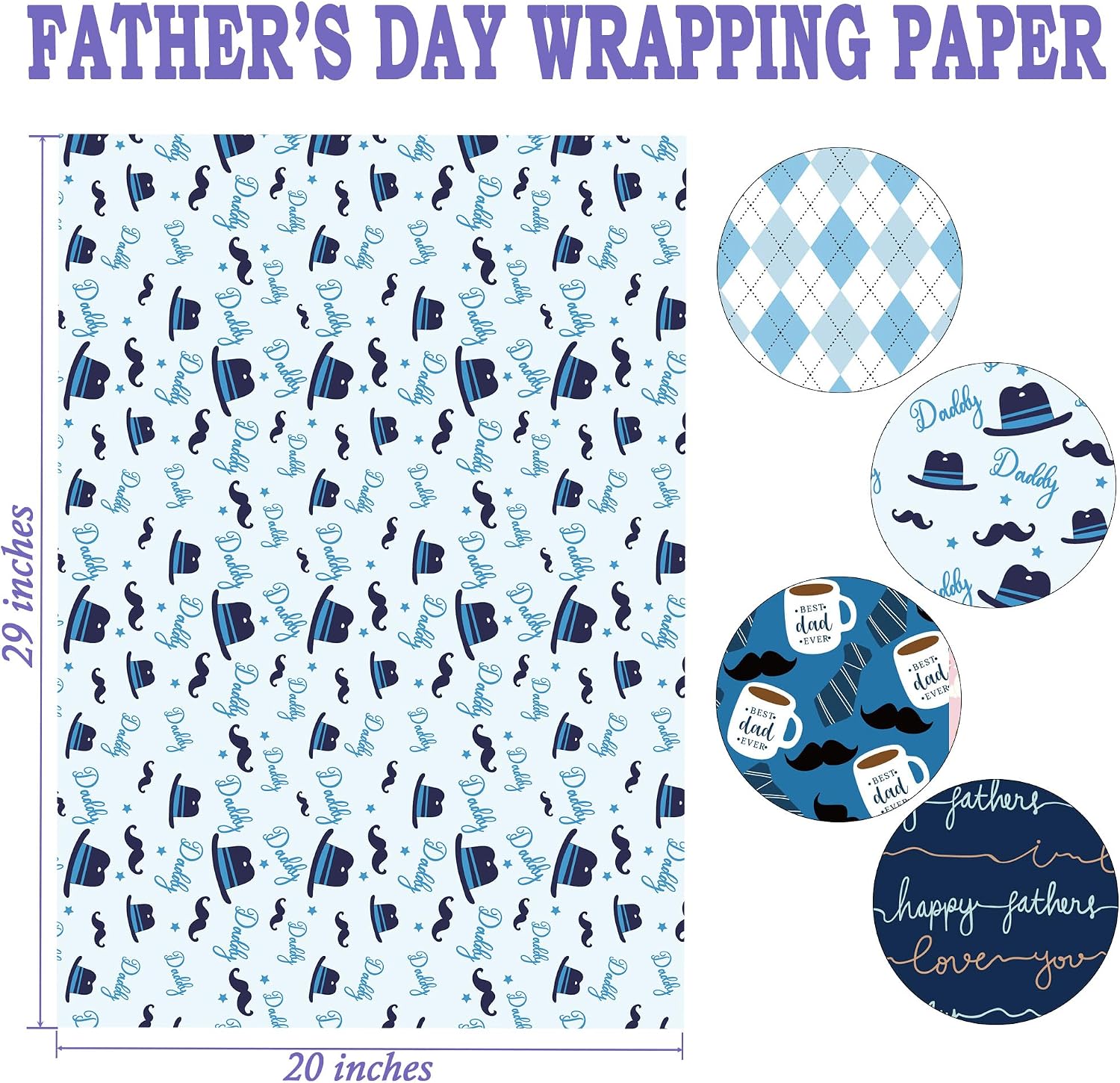 SaringSwoon Father's Day Wrapping Paper - Blue Gift Wrap for Men With Happy Father's Day, Best Dad Ever, Hat, Tie, Mustache and Plaid Design - 20×29 Inches, 8 Folded Sheets