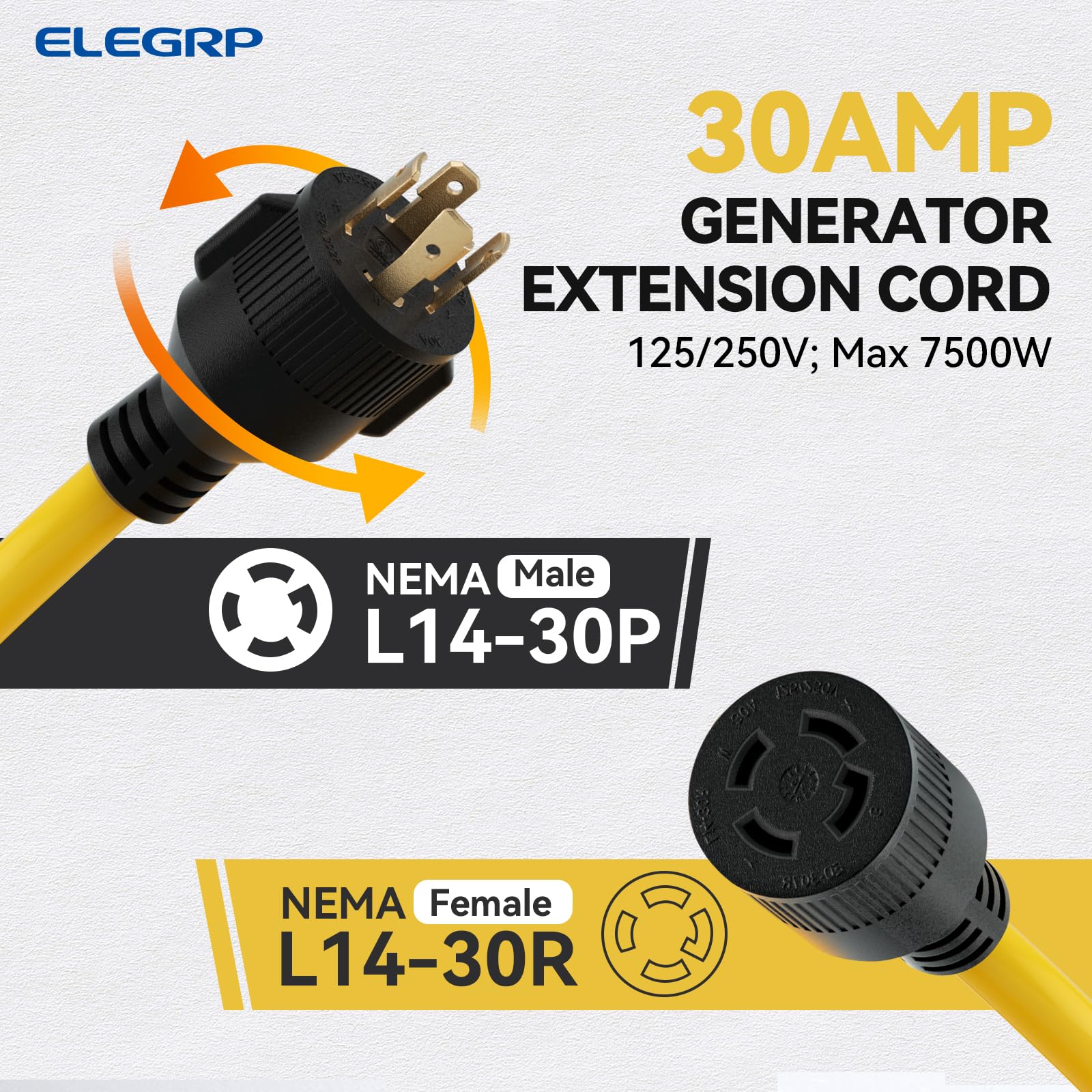 Conexión Generador 25 Pies LeisureCords Cable Extensión Para Generador NEMA L14-30, 4 Puntas, 30 Amperios, 25 Pies (7.6m) - LeisureCords Cable Extensión Generador