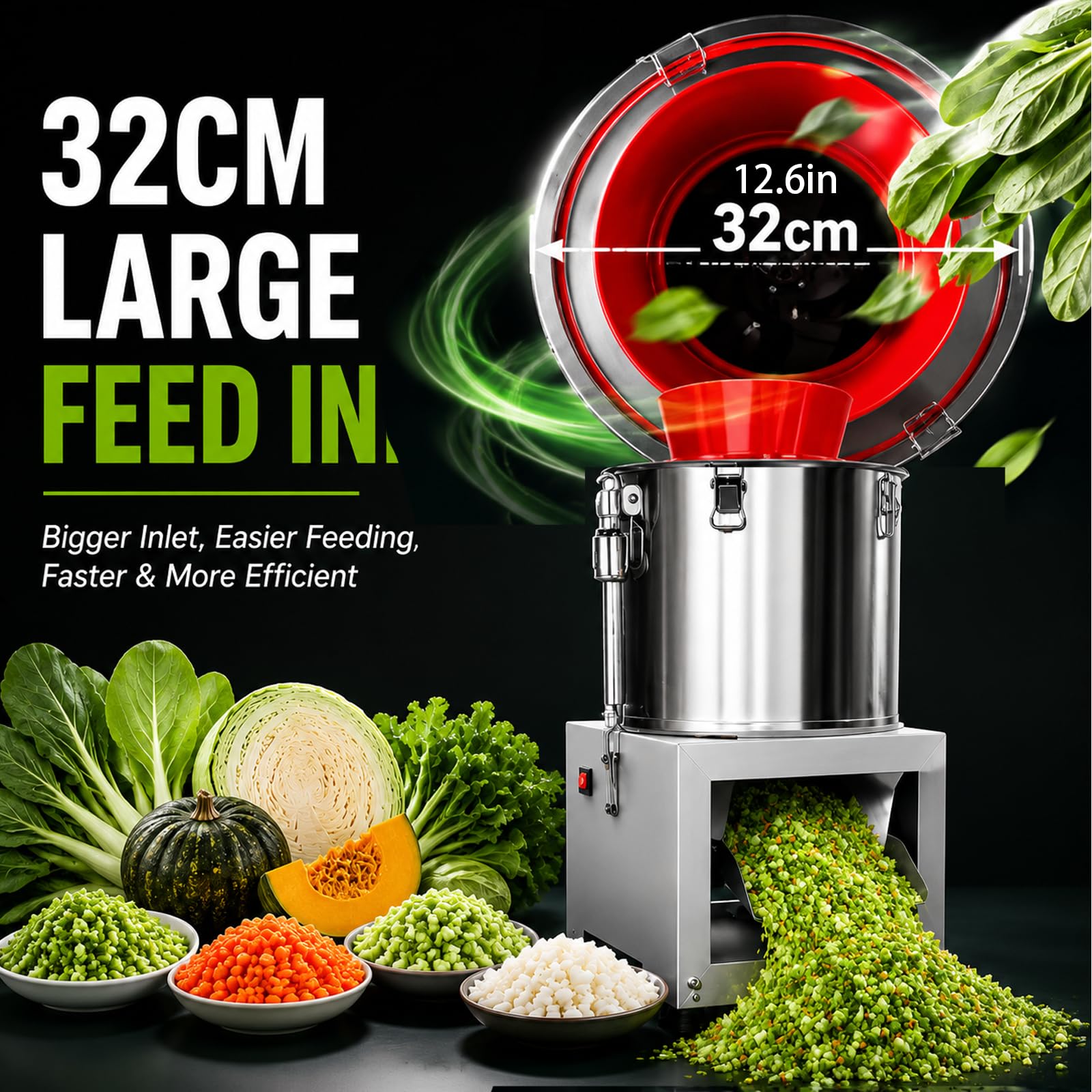 Picadora Eléctrica Comercial De Verduras, Procesador De Alimentos Multifuncional De Acero Inoxidable, Con Boca De Entrada Ancha De 32 Cm; Trituradora De Alimentos Para Aves Y Repollo 2200W
