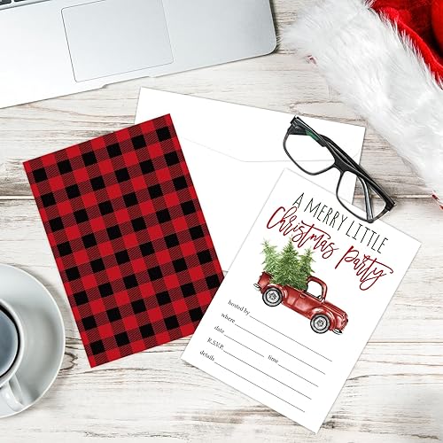 Miniatura 7 de Whaline Paquete de 25 tarjetas de invitación de fiesta de Navidad, acuarela, vintage, rojo, camión, invitación, tarjetas de papel con sobres,