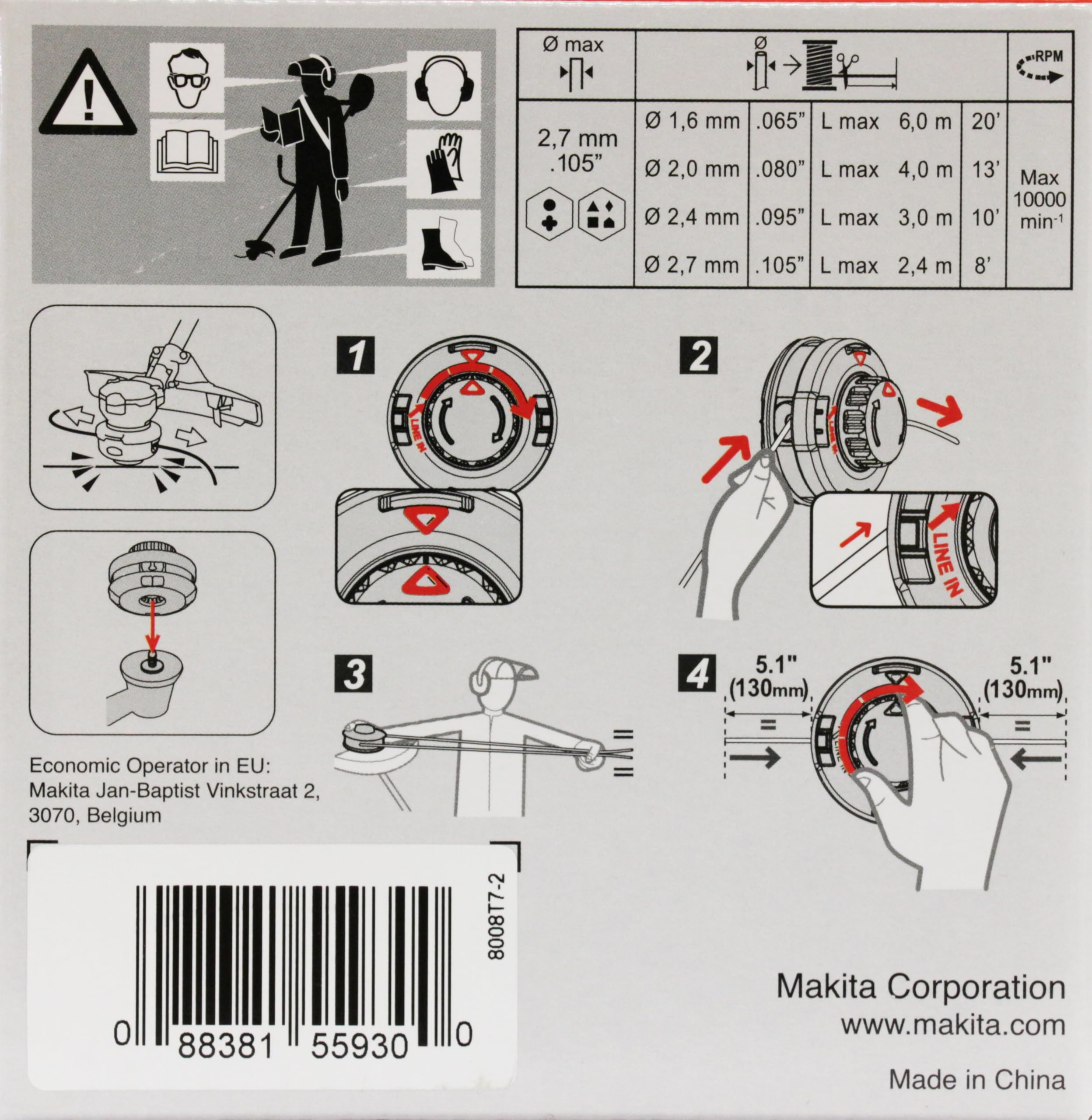 Makita 191D92-5 Cabezal 2,0 mm, M8 x 1,25 RH