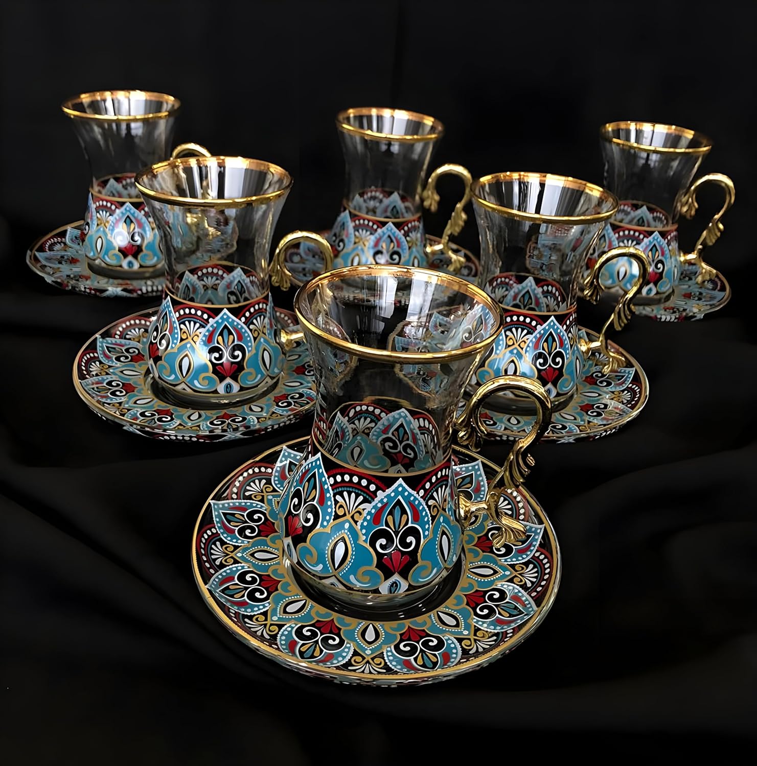Handcrafted Turkish Tea Glass Set of 6 with Saucers and Handles – Vintage Style Decorated Glassware – Elegant Arabic, Persian, Moroccan Traditional Tea Cups for Tea Ceremony (Blue-Patterned)