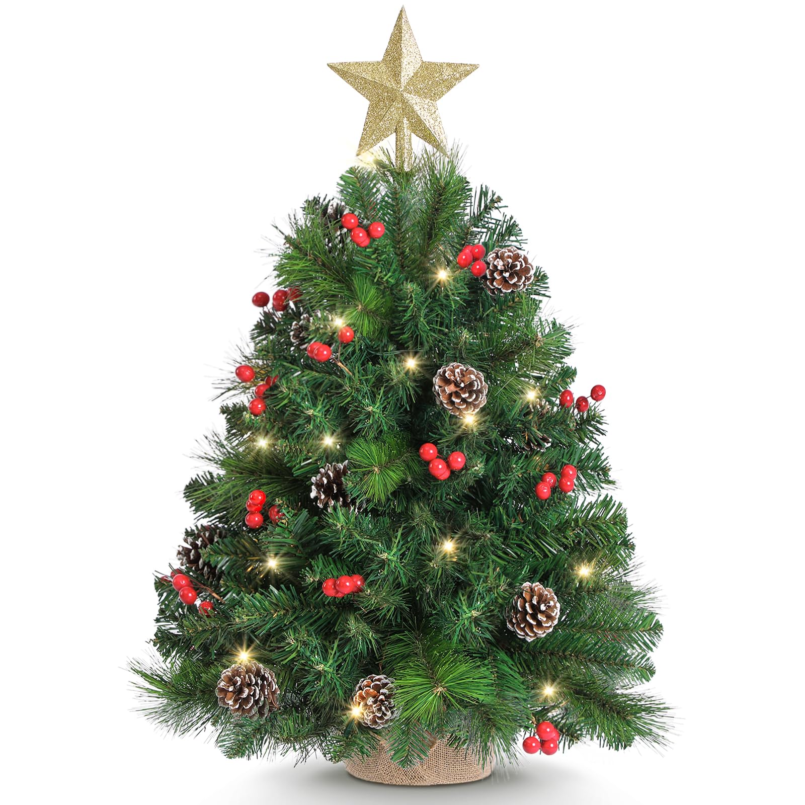 OasisCraft Sapin de Noël artificiel avec étoile au sommet, 60,96 cm, lumières LED claires, base en toile de jute, pour table, bureau et décoration de salon